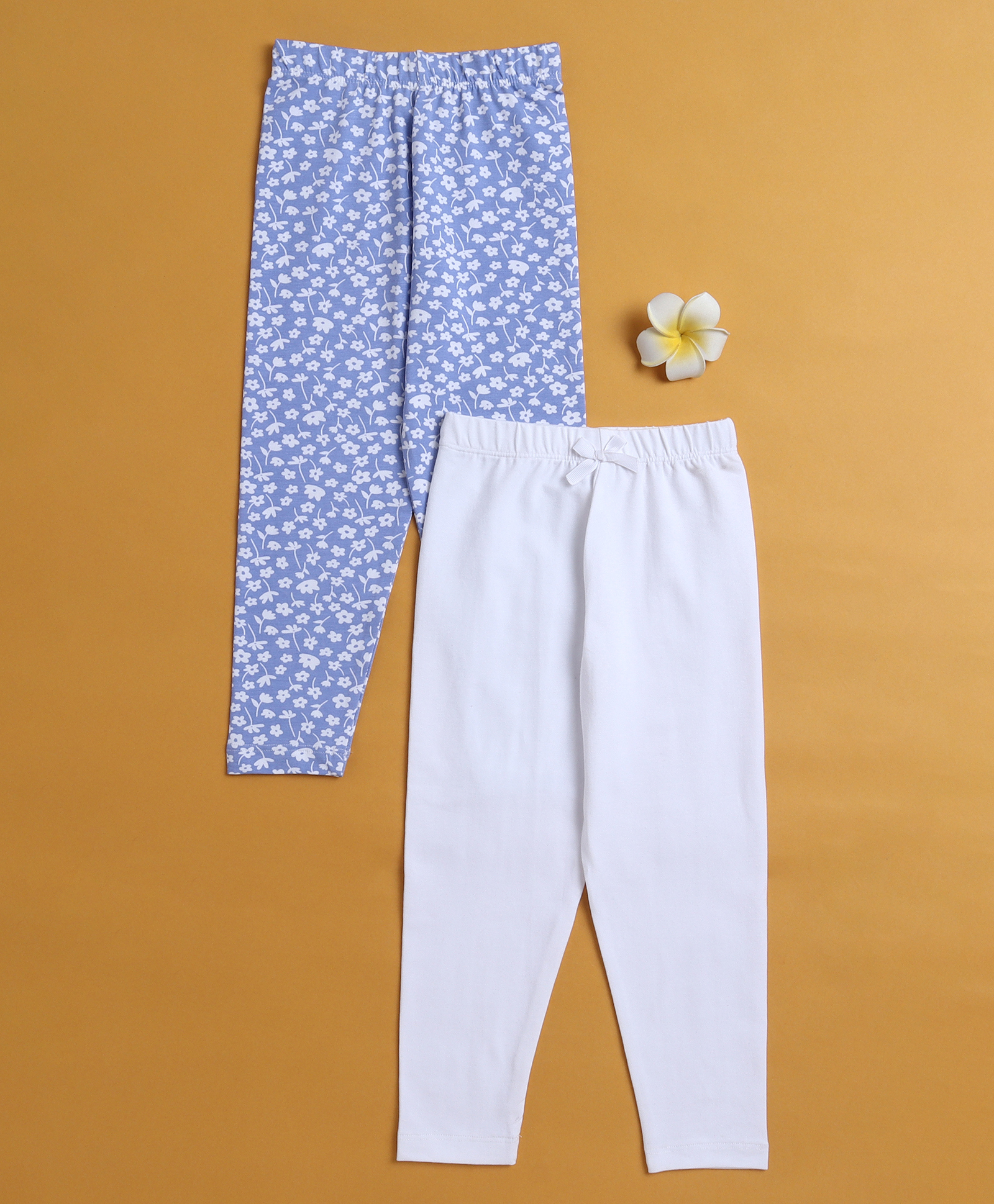 BUMZEE Cotton Knit Full Length Leggings With Floral Print Pack Of 2 - White & Blue-picture-13