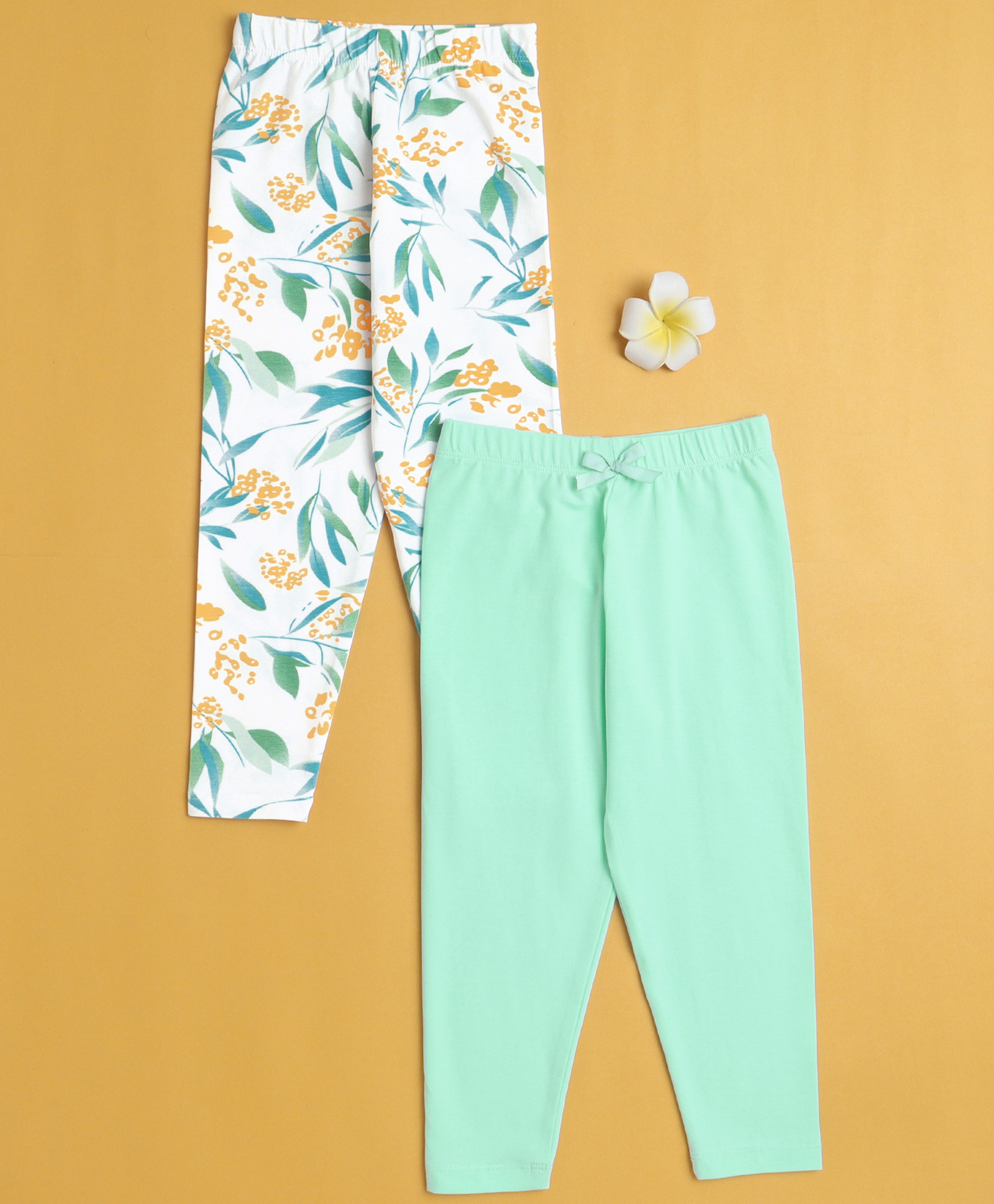 BUMZEE Cotton Knit Full Length Leggings With Leaves Floral Print & Bow Applique Pack of 2 - White & Light Green-picture-13