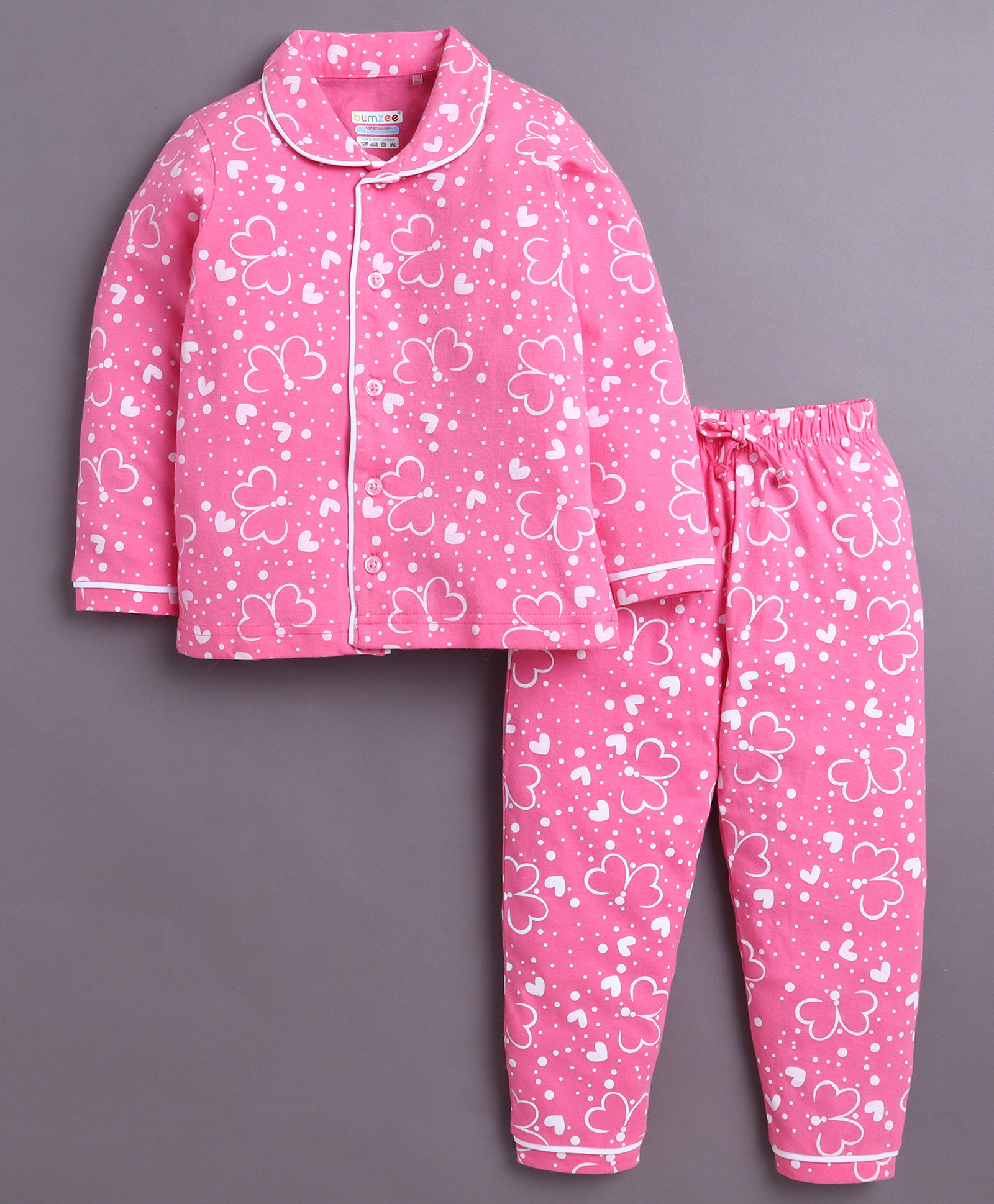 BUMZEE Cotton Knit Full Sleeves Co-ords Night Suit With Floral Print - Pink-image-17
