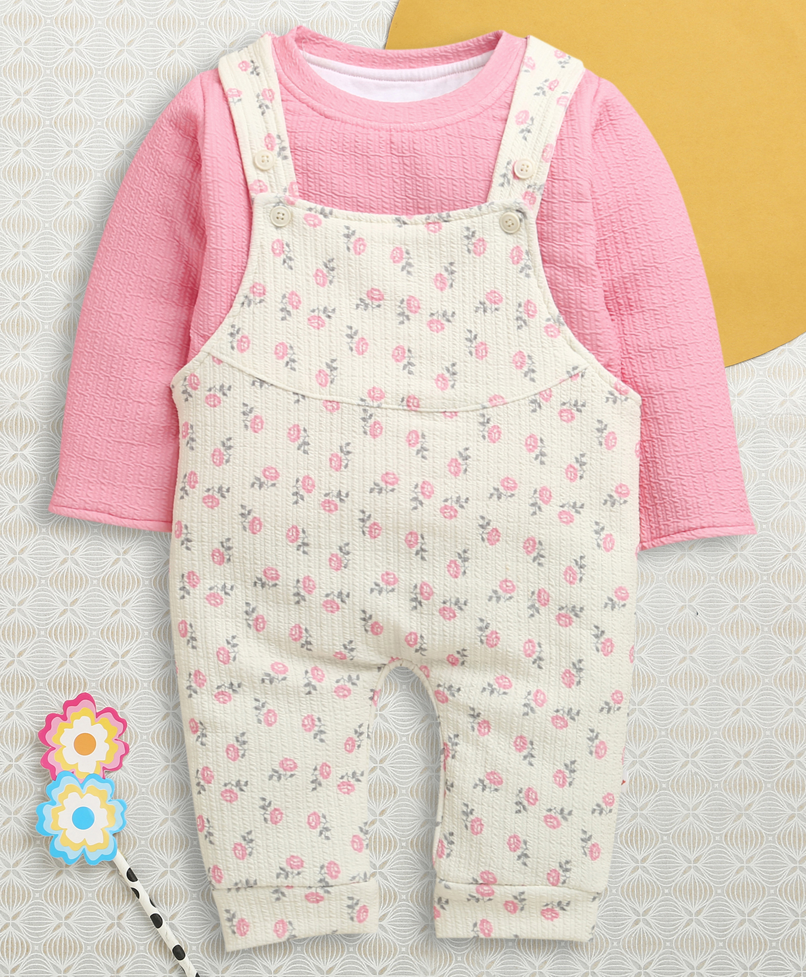 BUMZEE Knit Dungaree & Full Sleeves Inner Tee With Floral Print - Cream & Pink-image-7