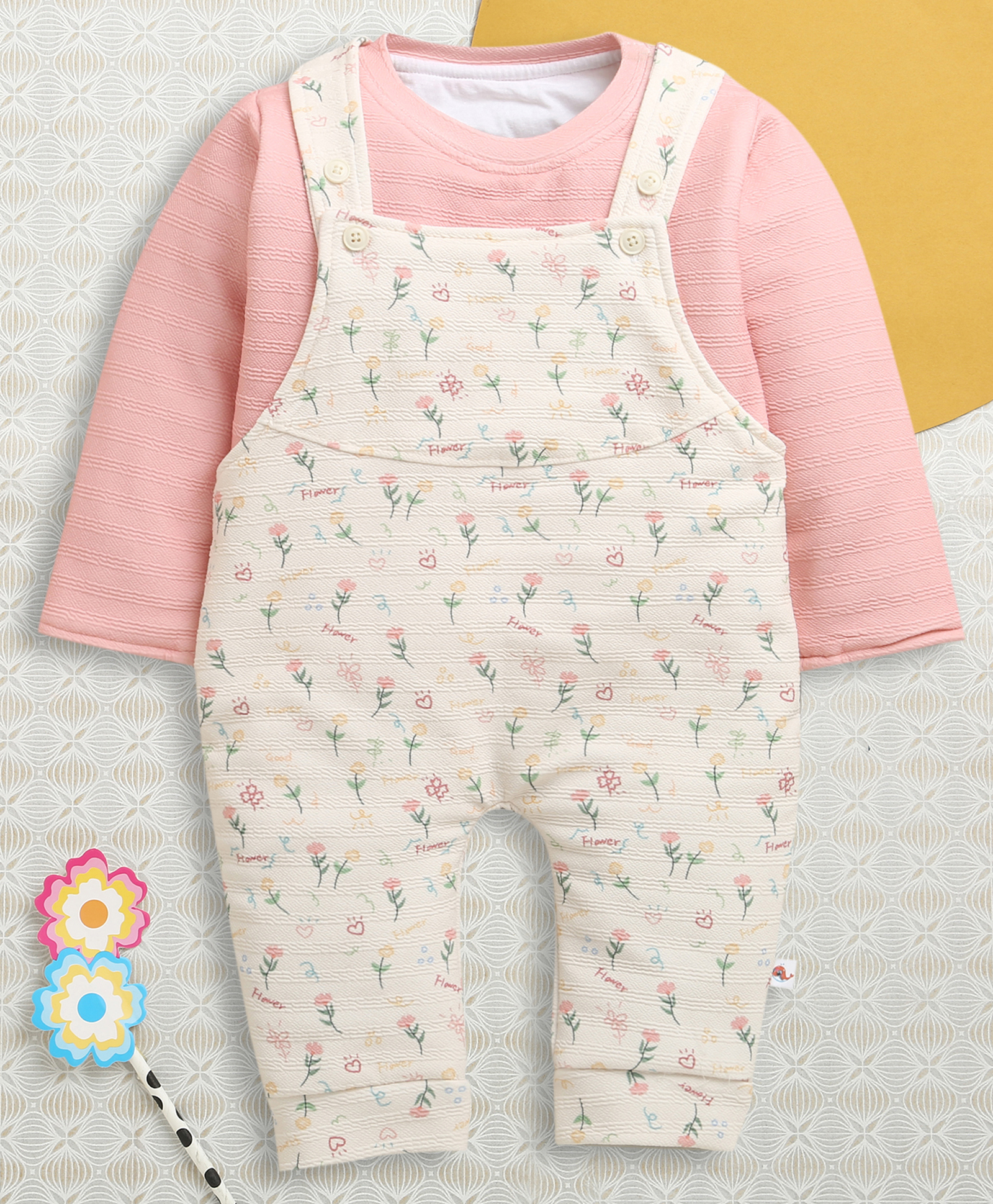 BUMZEE Knit Dungaree & Full Sleeves Inner Tee With Floral Print - Cream & Peach-picture-16