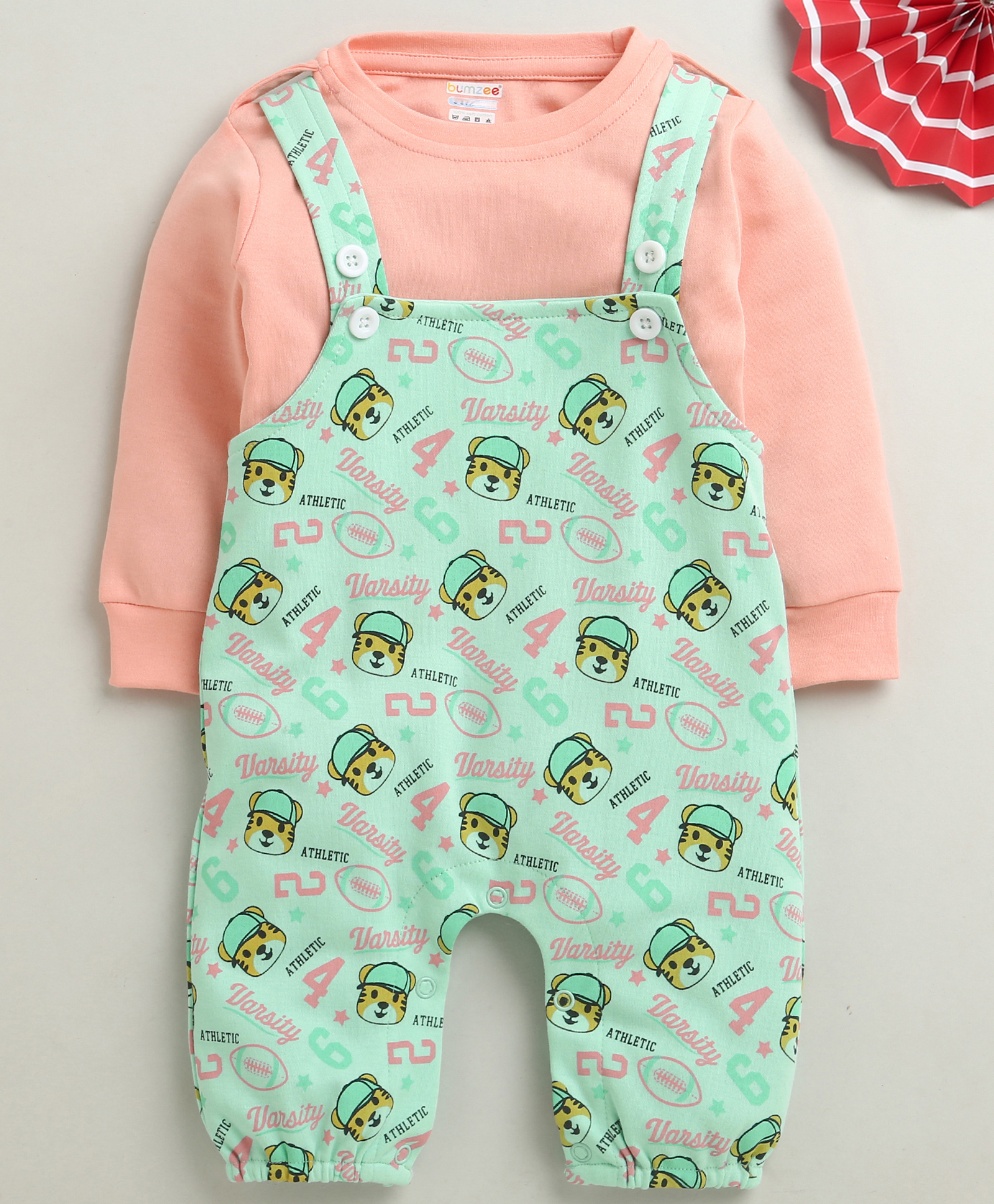 BUMZEE Cotton Knit Full Sleeves Dungaree & Tee With Animal Print - Mint Green-picture-21