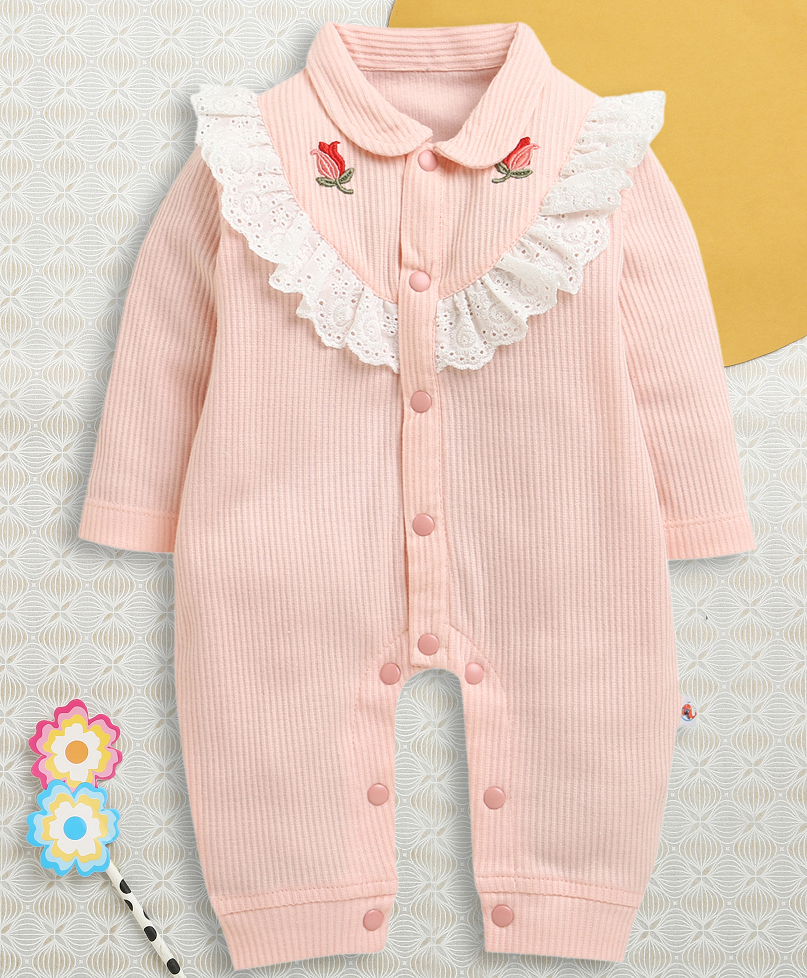 BUMZEE Cotton Knit Full Sleeves Front Open Romper with Lace Detailing & Flower Embroidery - Pink-picture-15