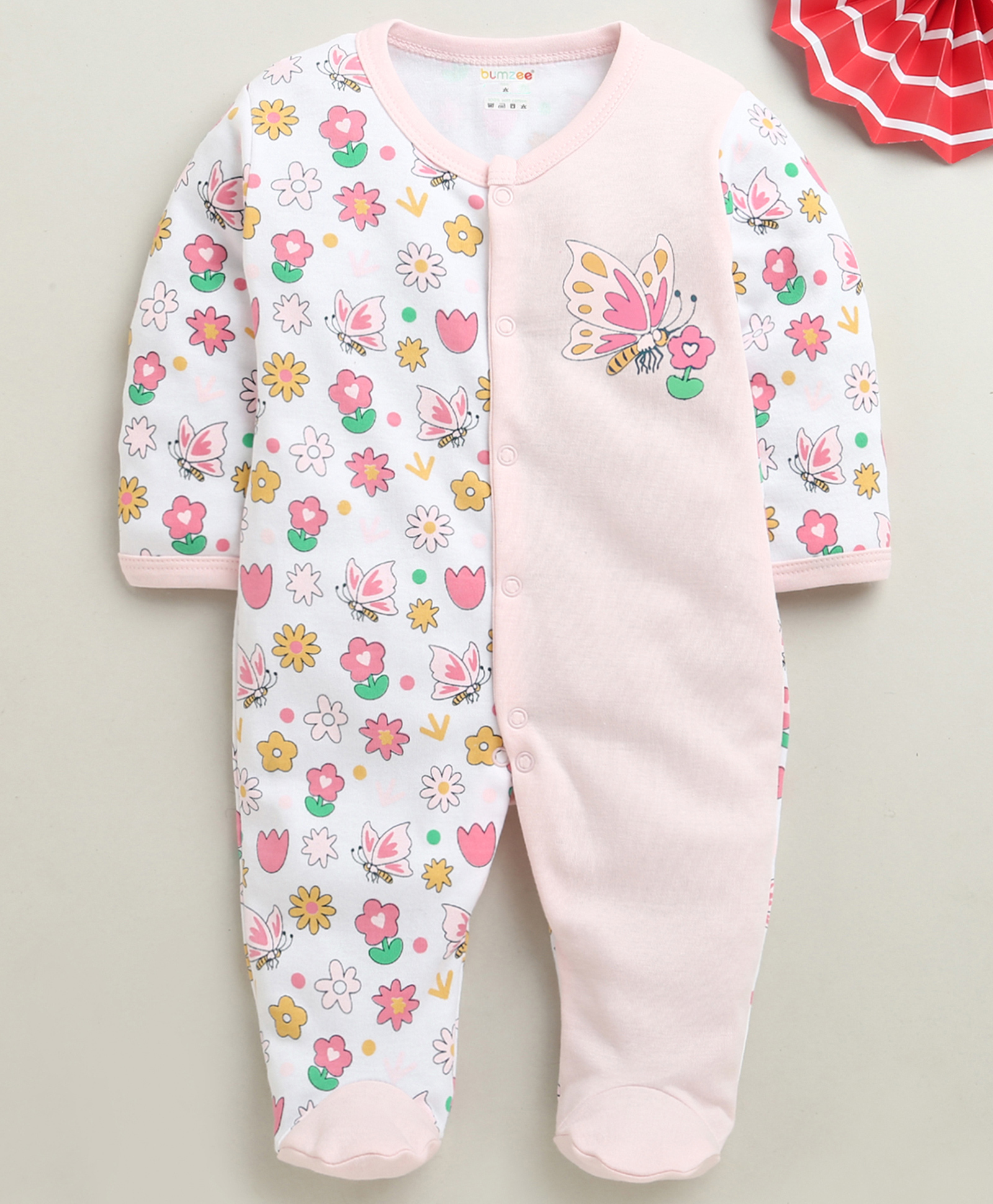 BUMZEE Cotton Knit Full Sleeves Sleepsuit With Floral Print - Pink-image-39