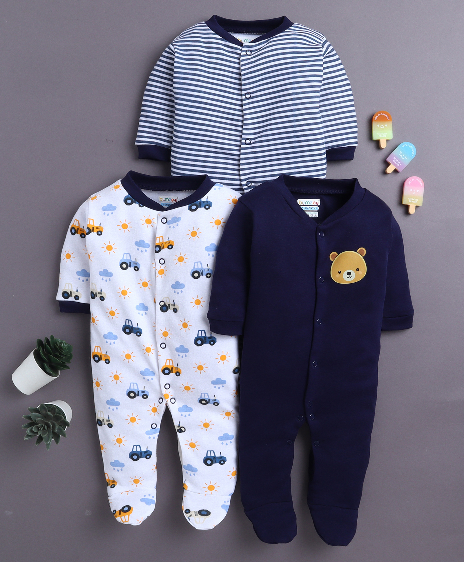 BUMZEE Cotton Knit Full Sleeves Footed Sleepsuits with Stripes & Vehicle Print Pack of 3 - White & Navy Blue-image-46
