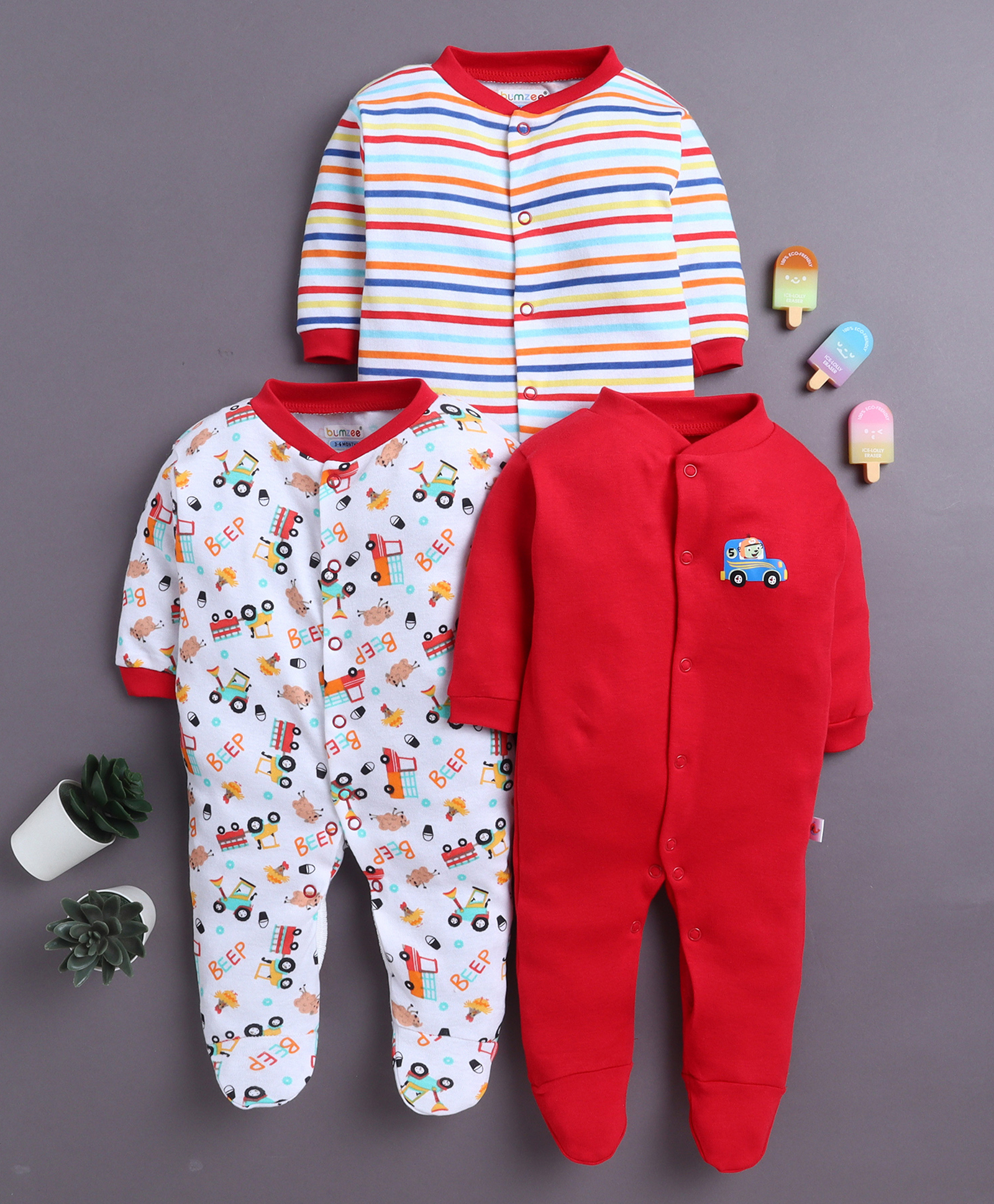 BUMZEE Cotton Knit Full Sleeves Footed Sleepsuits with Stripes & Vehicle Print Pack of 3 - Red & White-image-44