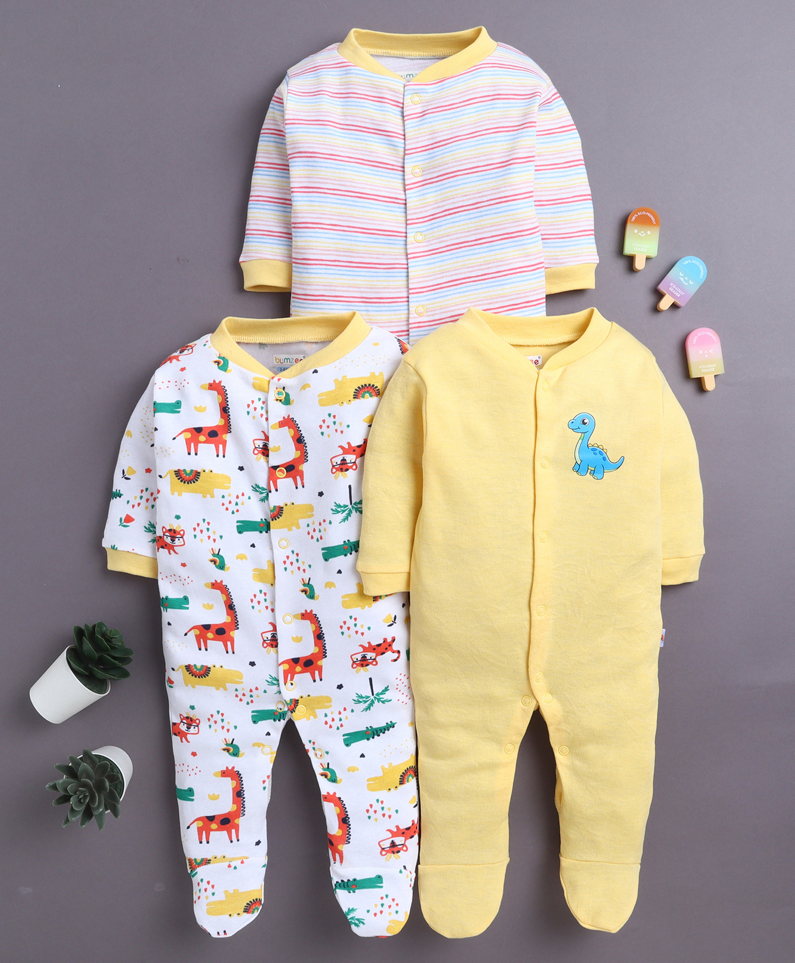 BUMZEE Cotton Knit Full Sleeves Footed Sleepsuits with Stripes & Animal Print Pack of 3 - Yellow & White-image-43