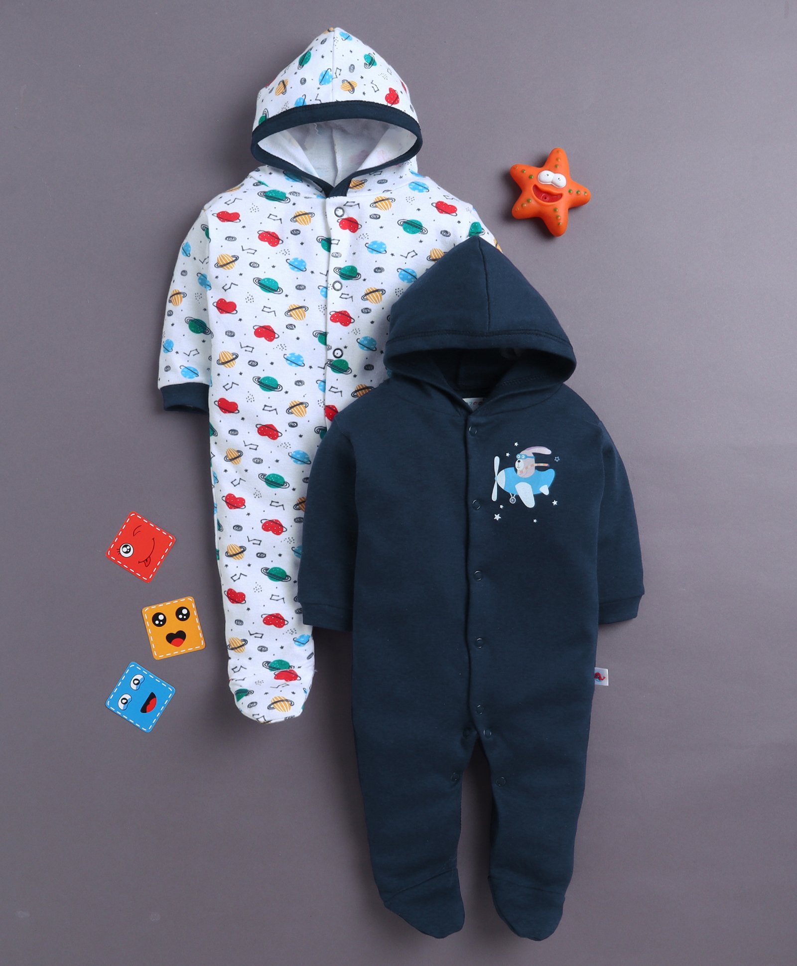BUMZEE Cotton Knit Full Sleeves Footed & Hooded Sleepsuits with Space Print Pack of 2 - White & Navy Blue-image-28