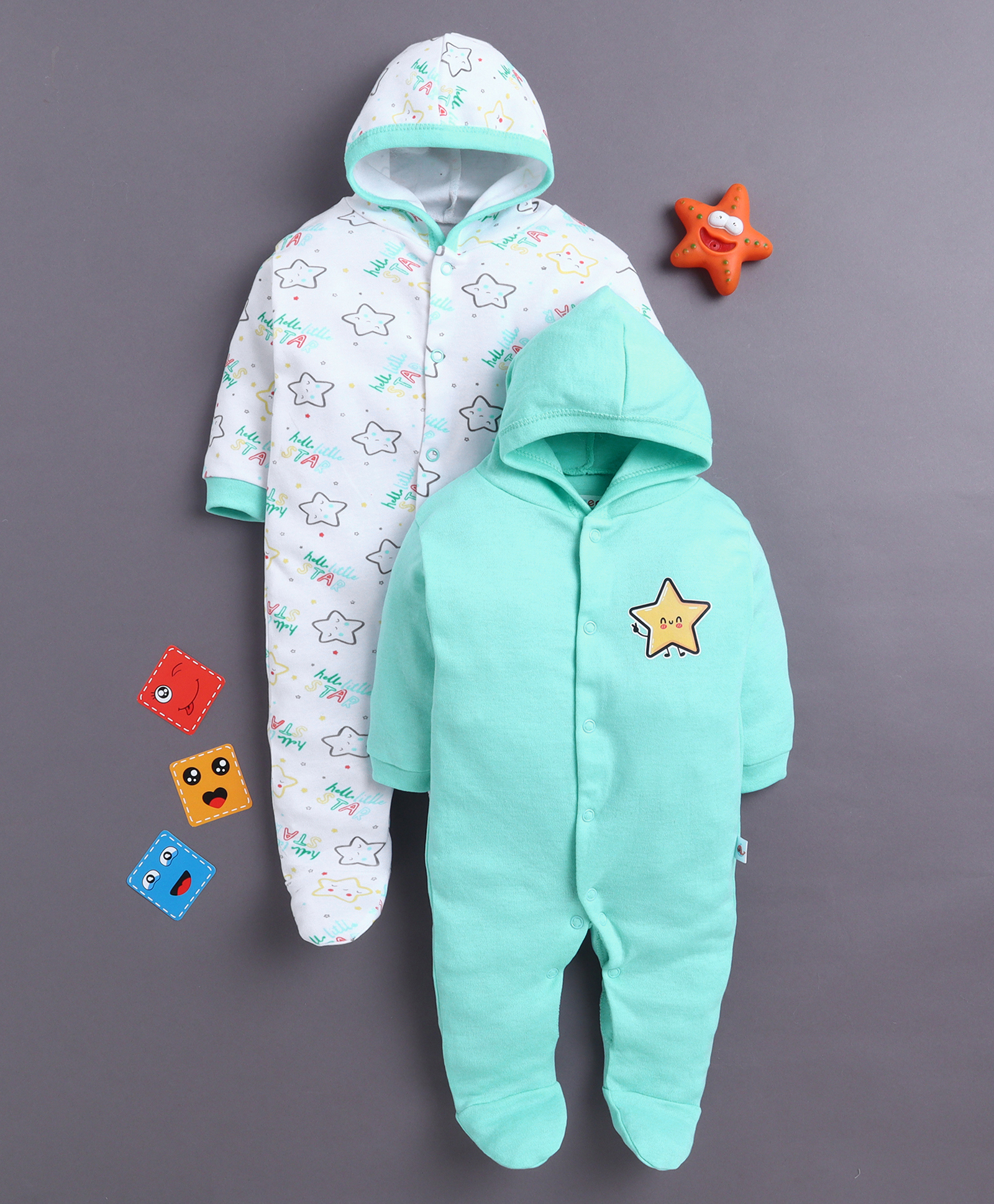 BUMZEE Cotton Knit Full Sleeves Footed & Hooded Sleepsuits with Star Print Pack of 2 - White & Aqua Blue-picture-30