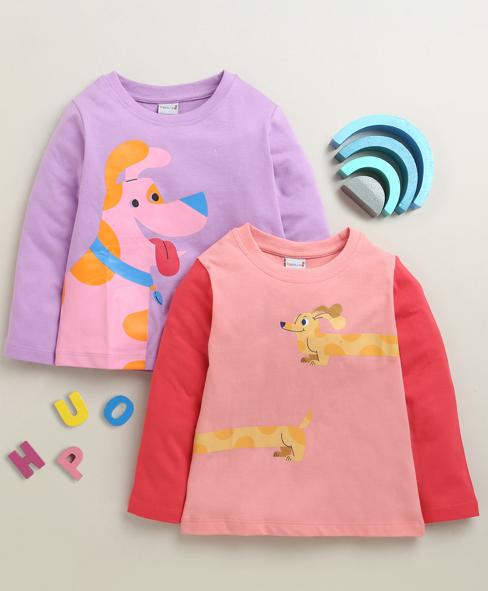 BUMZEE Cotton Knit Full Sleeves T-Shirt with Dog Print Pack of 2 - Pink & Lavender --picture-29
