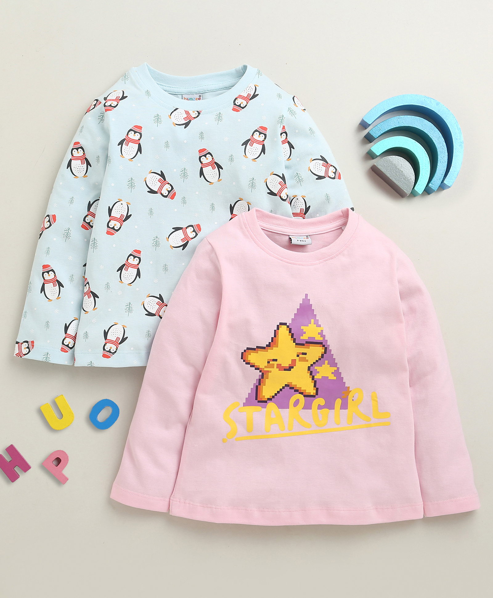 BUMZEE Cotton Knit Full Sleeves T-Shirt with Star & Penguin Print Pack of 2 - Pink & Light Blue-picture-17