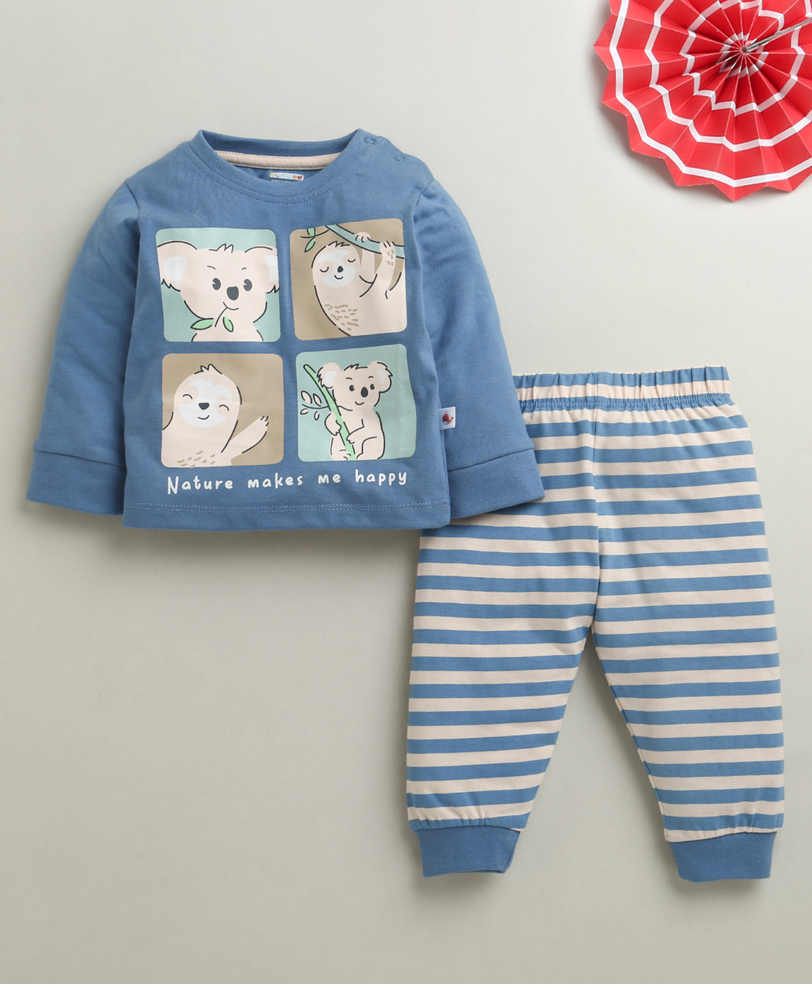 BUMZEE Cotton Knit Full Sleeves Nightsuit with Stripes & Animal Print - Blue & Beige-image-36