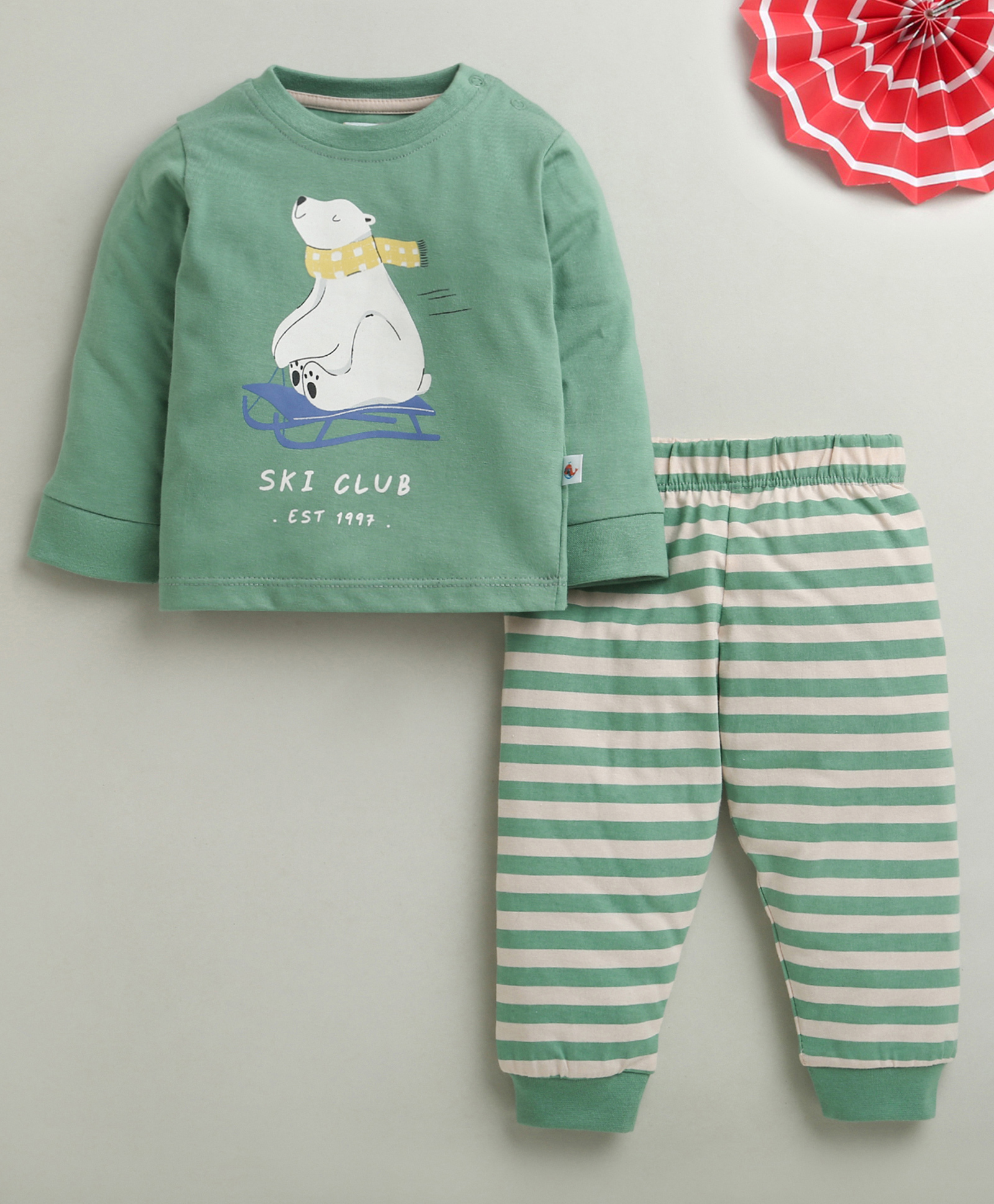 BUMZEE Cotton Knit Full Sleeves Nightsuit with Stripes & Animal Print - Mint & Beige-image-43