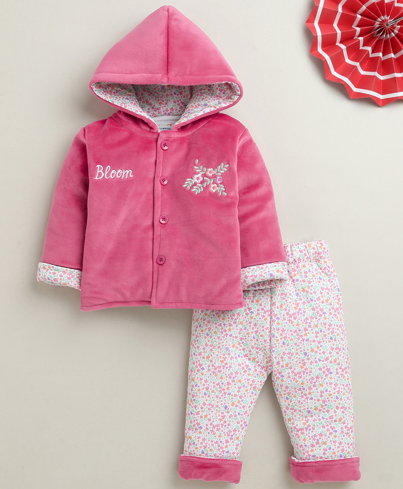 BUMZEE Knit Full Sleeves Floral Embroidered & Printed Hooded Winter Wear Set - Pink & White-picture-27