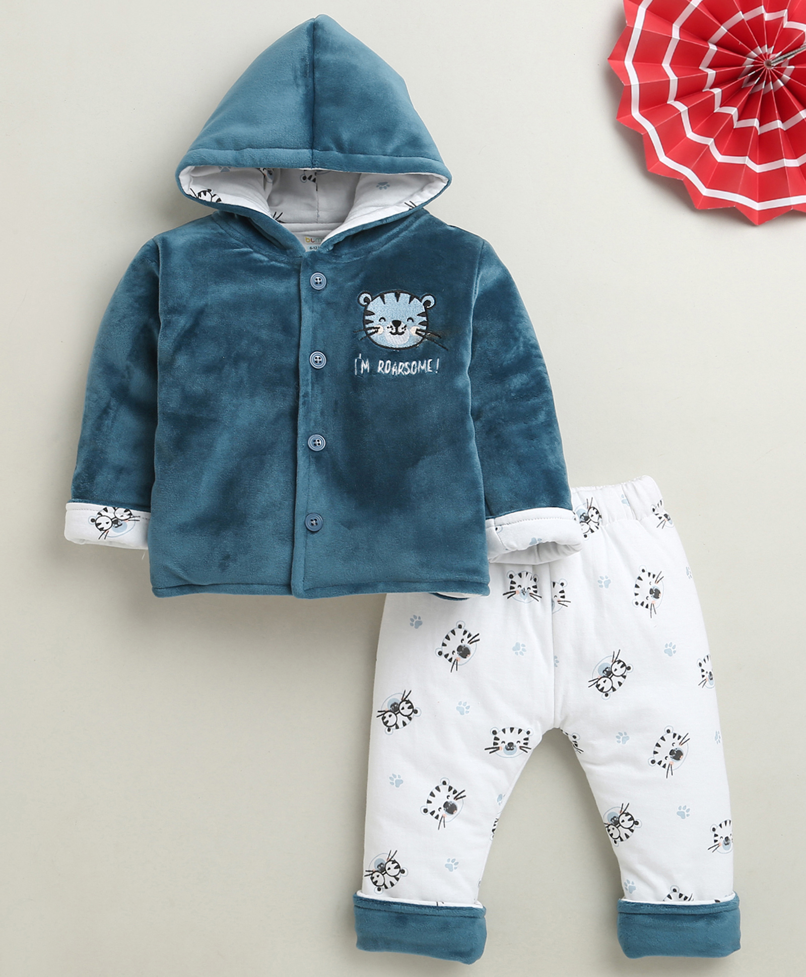 BUMZEE Cotton Knit Full Sleeves Hooded Winter Wear Suits Set with Lion Embroidery - White & Blue-image-23