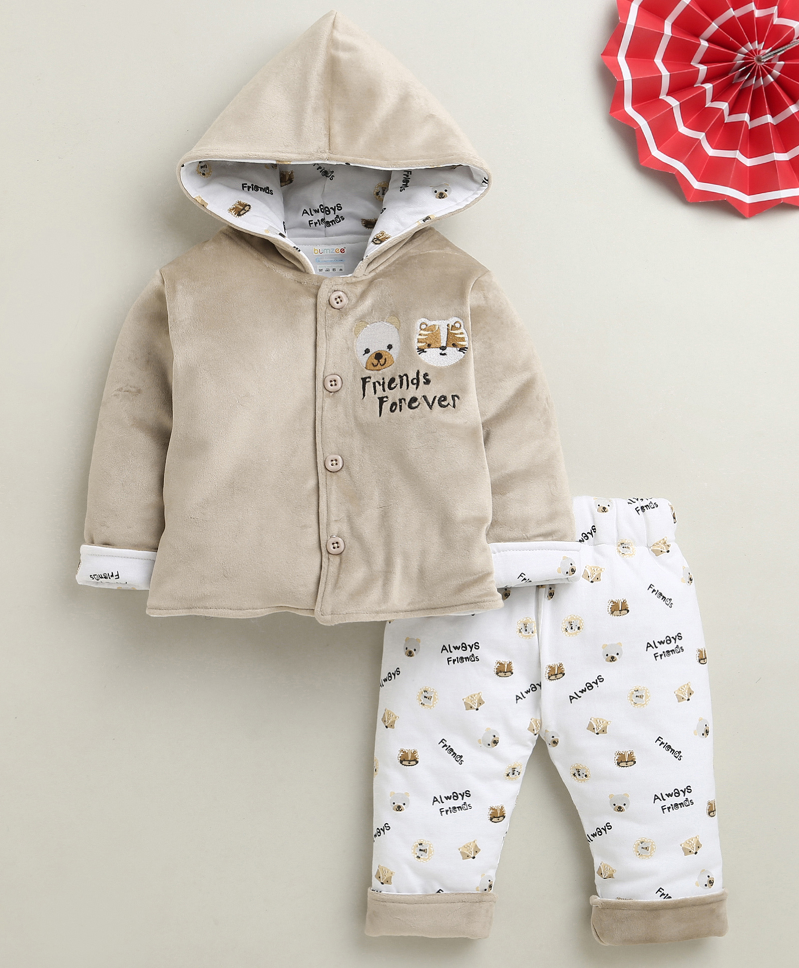 BUMZEE Knit Full Sleeves Animal Embroidered & Printed Hooded Winter Wear Set - Beige & White-picture-3