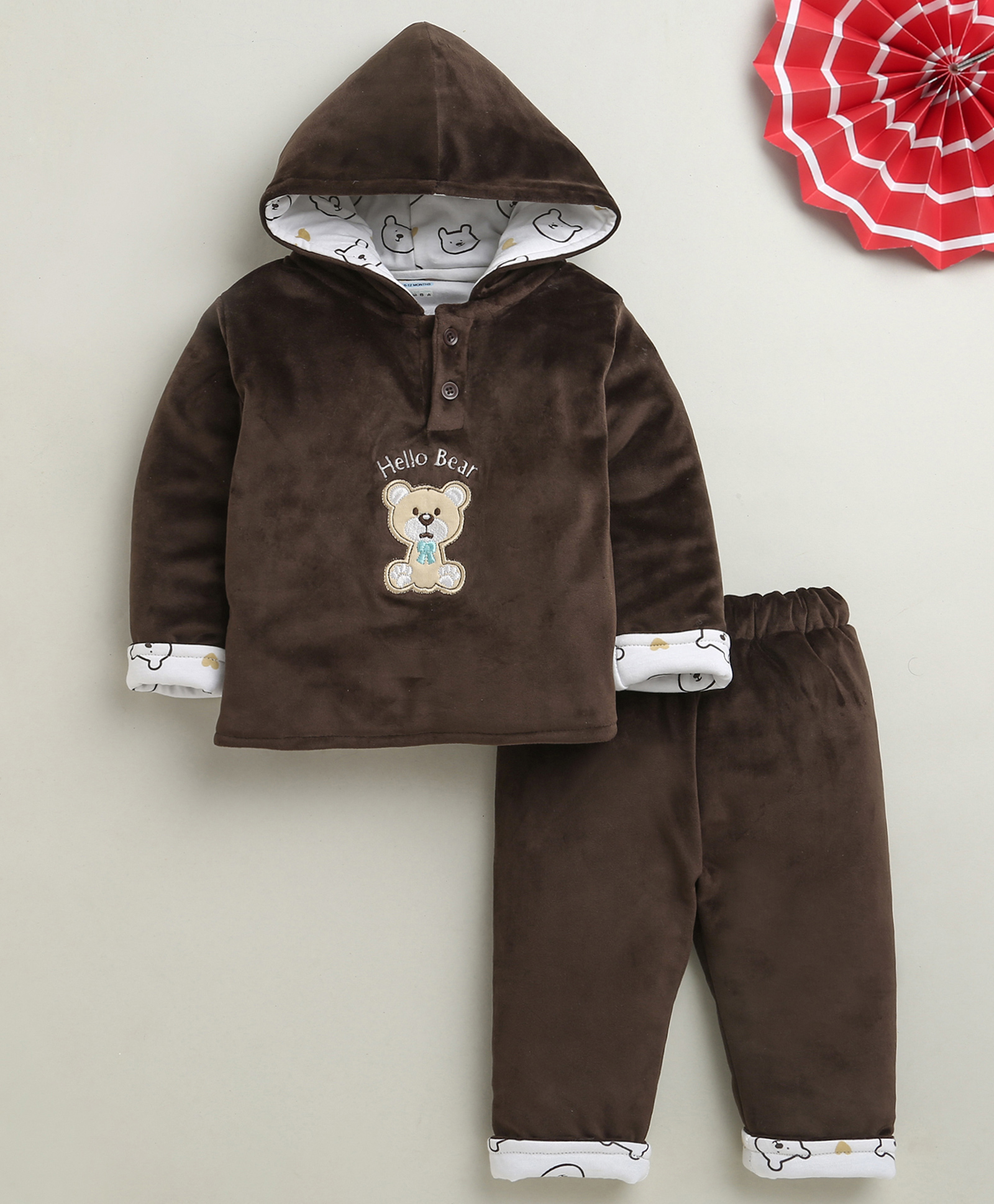 BUMZEE Knit Full Sleeves Bear Embroidered Hooded Winter Wear Set - Brown-picture-2