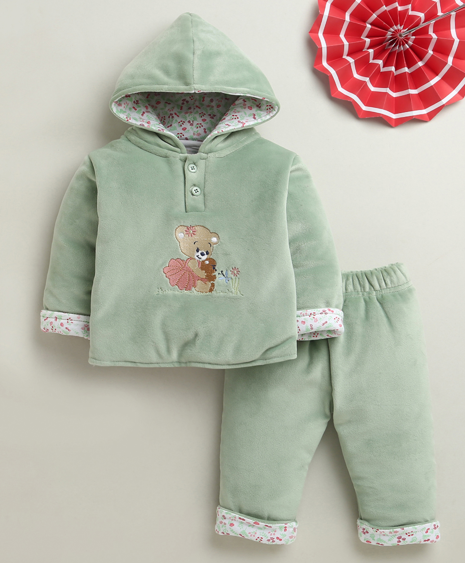 BUMZEE Knit Full Sleeves Bear Embroidered Hooded Winter Wear Set - Light Green-image-14