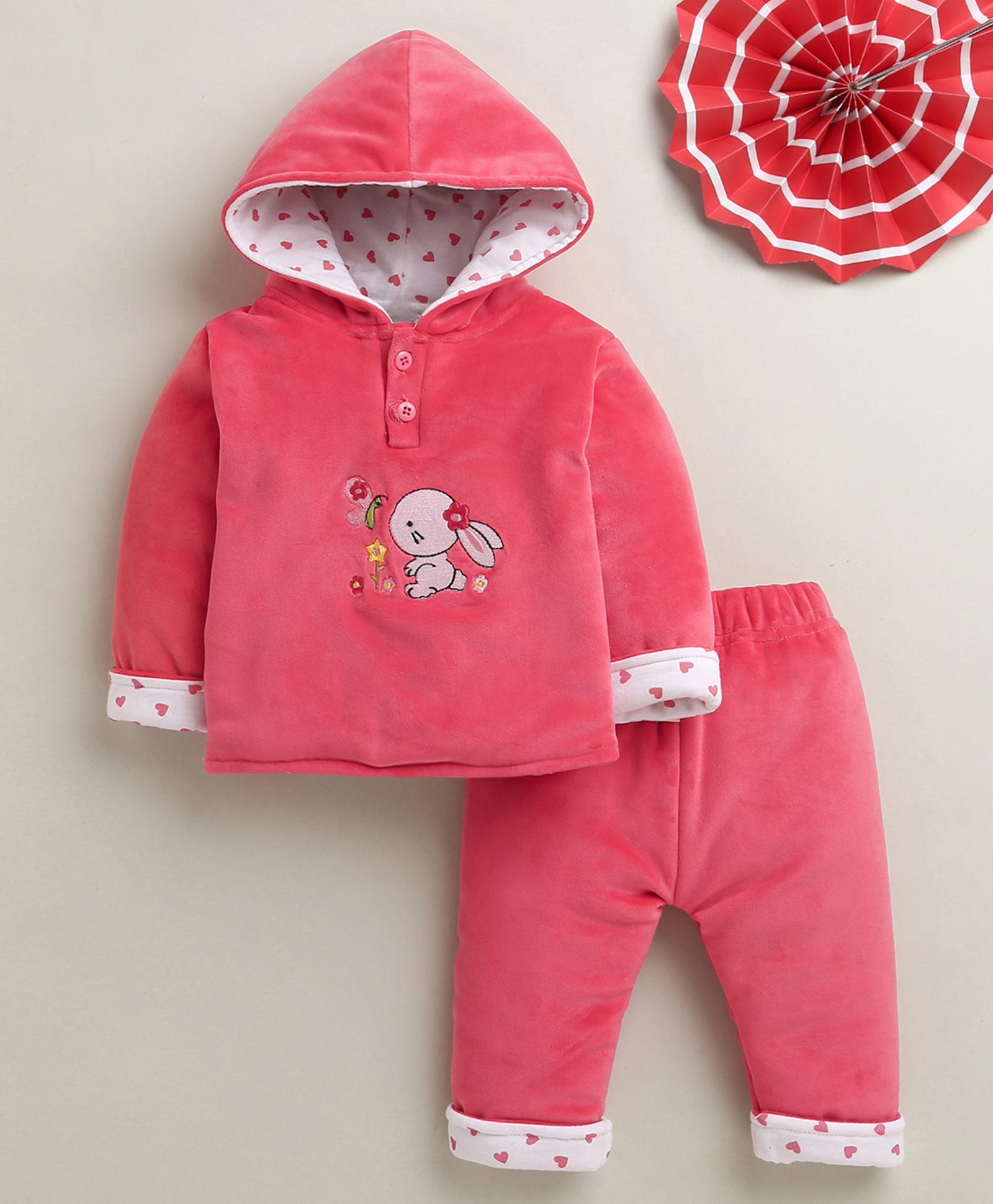 BUMZEE Knit Full Sleeves Hooded Winter Wear Suit With Bunny Embroidery - Dark Pink-image-40