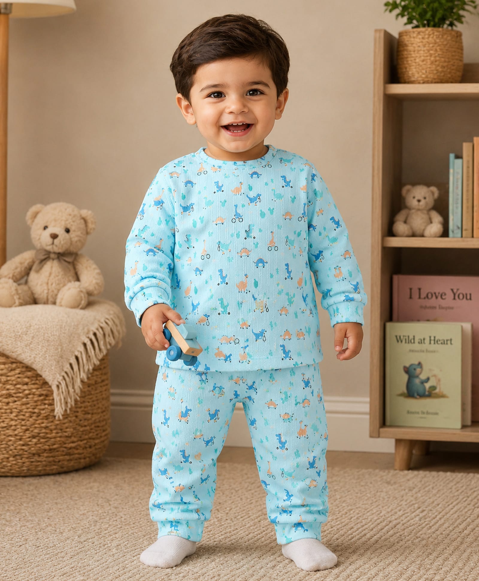 BUMZEE Knit Full Sleeves Dino Printed Co-ords Winter Wear Suit - Aqua Blue-image-19