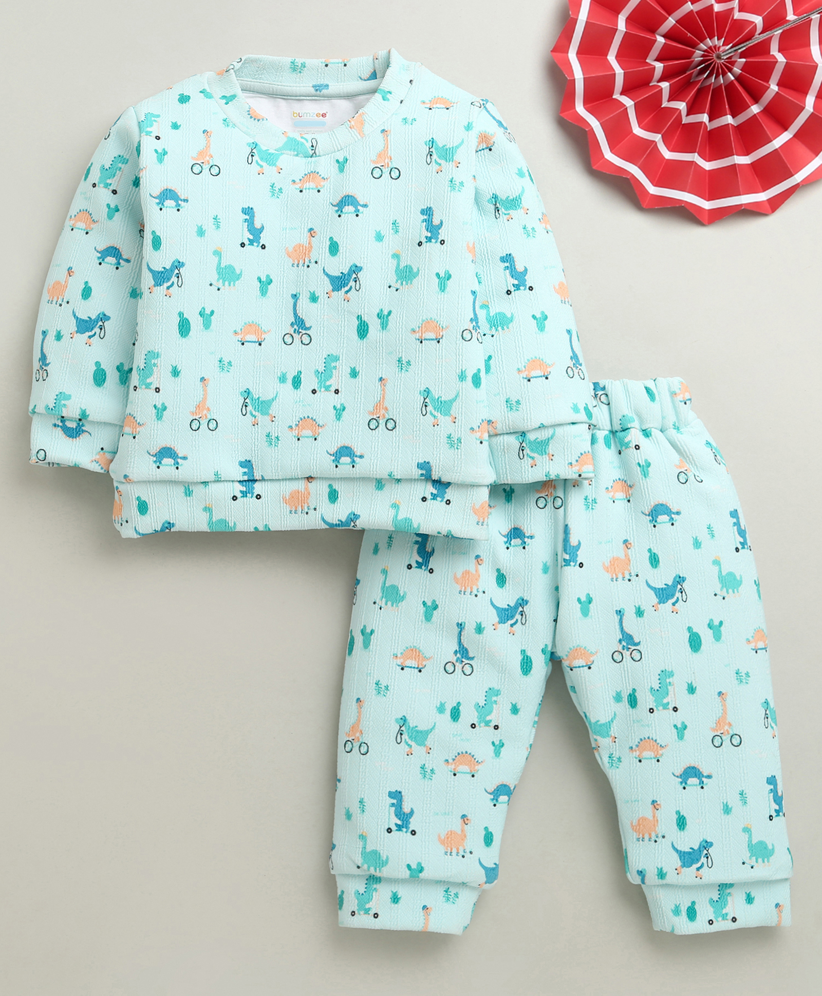 BUMZEE Knit Full Sleeves Dino Printed Co-ords Winter Wear Suit - Aqua Blue-picture-28