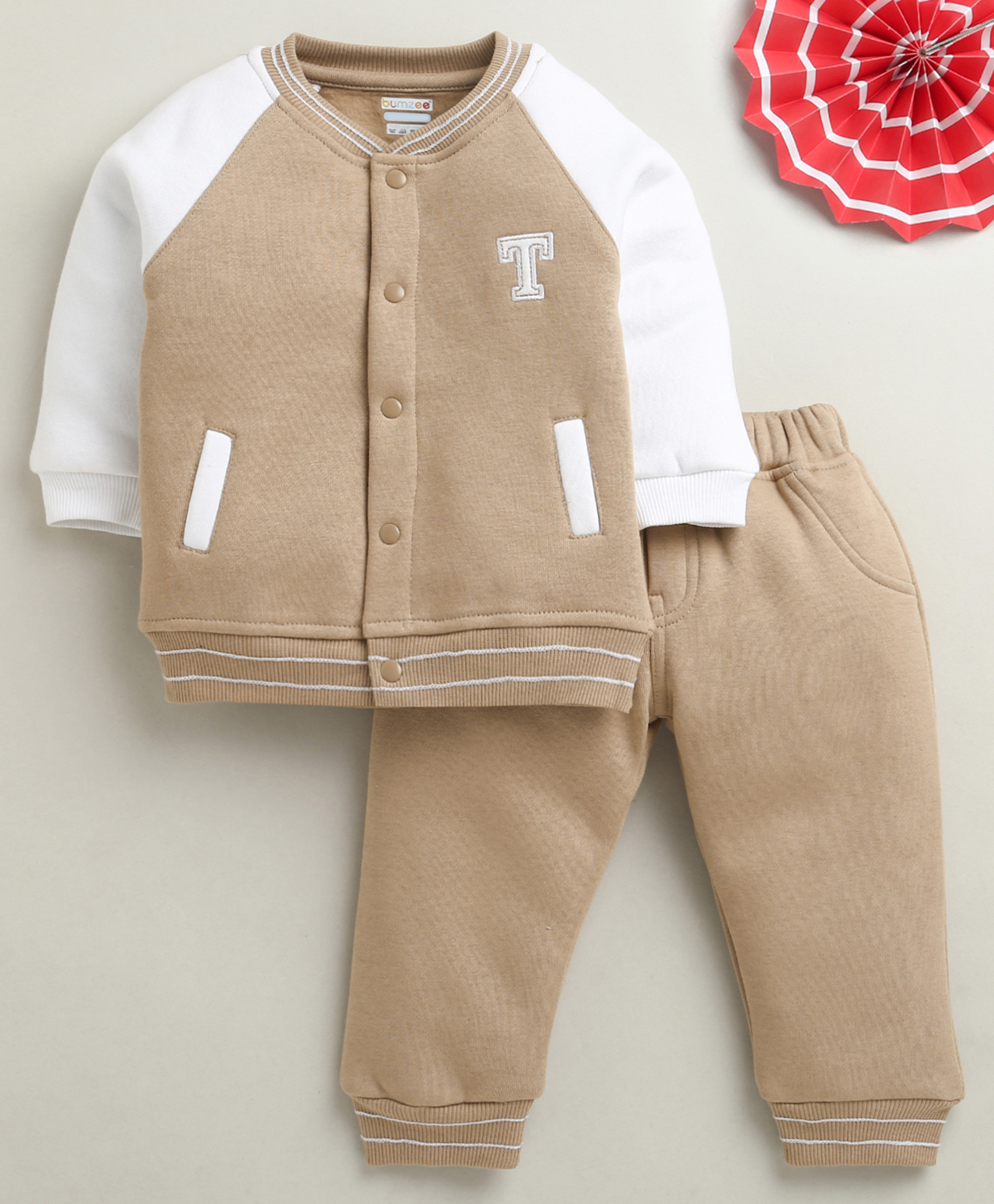 BUMZEE Knit Full Raglan Sleeves Winter Wear Sweashirt & Lounge Pant Set With Text Embriodery - Tan-picture-13