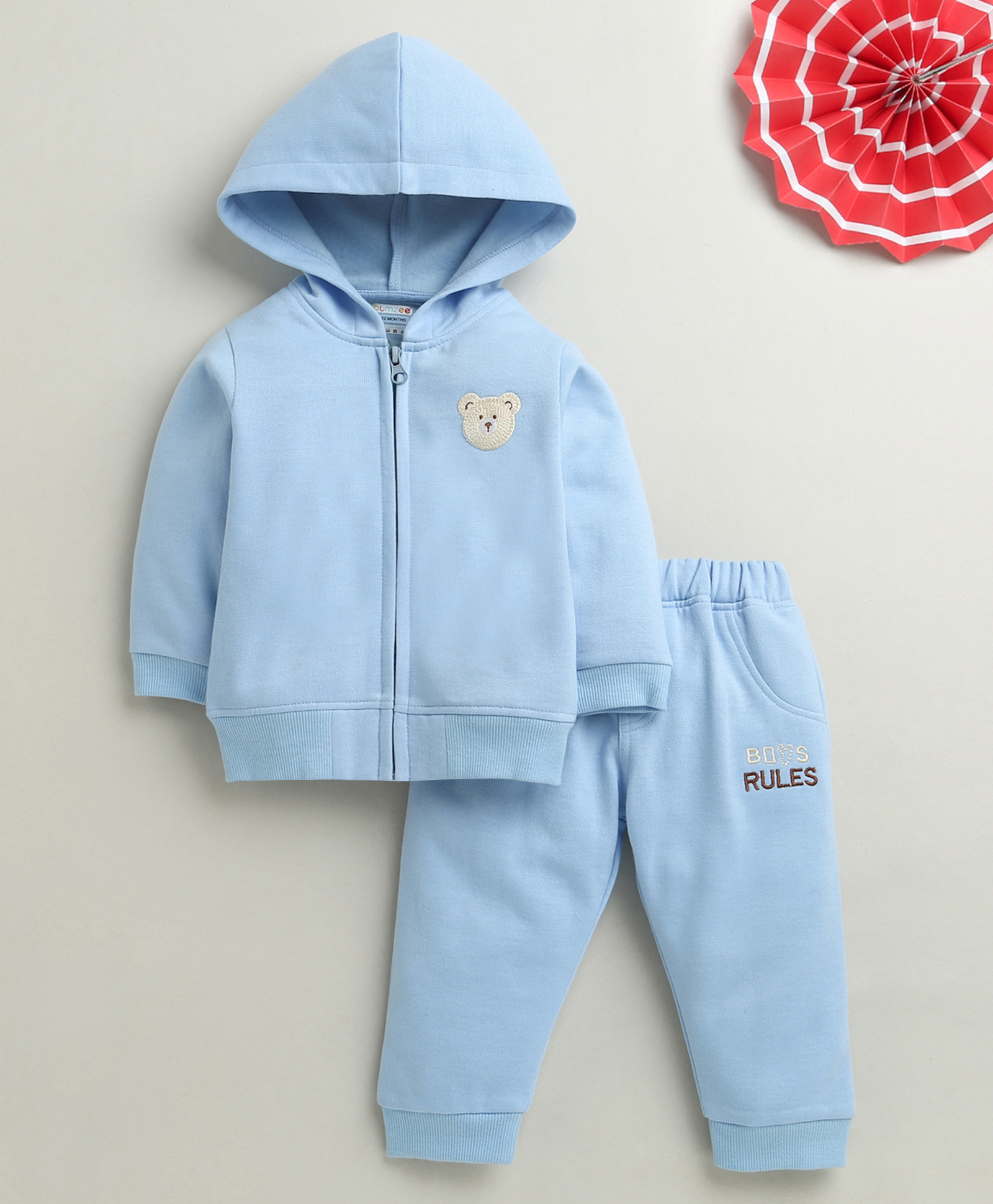 BUMZEE Knit Full Sleeves Winter Wear Hooded Sweatshirt & Lounge Pant Set With Animal Embriodery - Light Blue-image-29