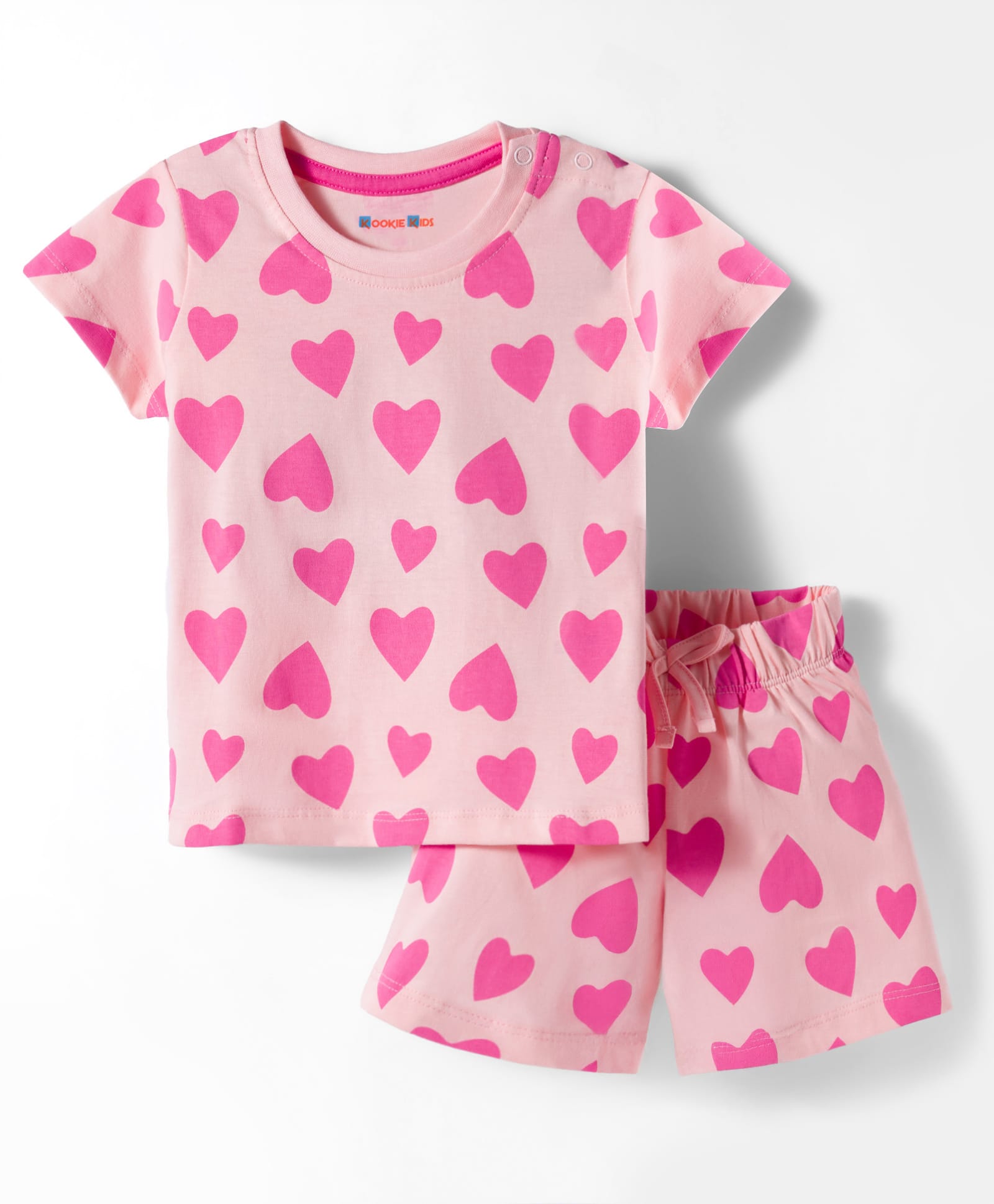 kookie kids india Kookie Kids Single Jersey Knit Half Sleeves Shorts Co-Ord Night Suit with Heart Print - Pink-picture-15