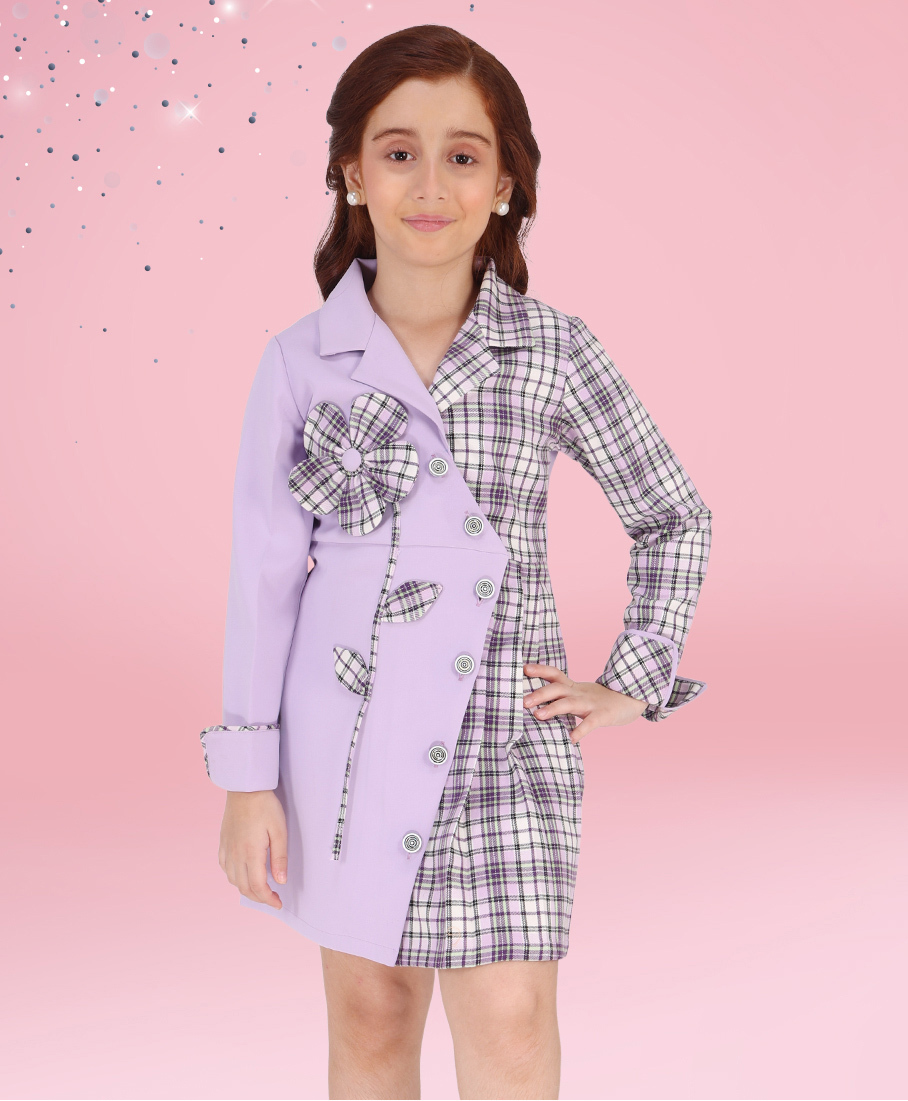 Cutecumber Woven Full Sleeves Colour Blocked & Checked Shirt Styled Dress - Purple-picture-27