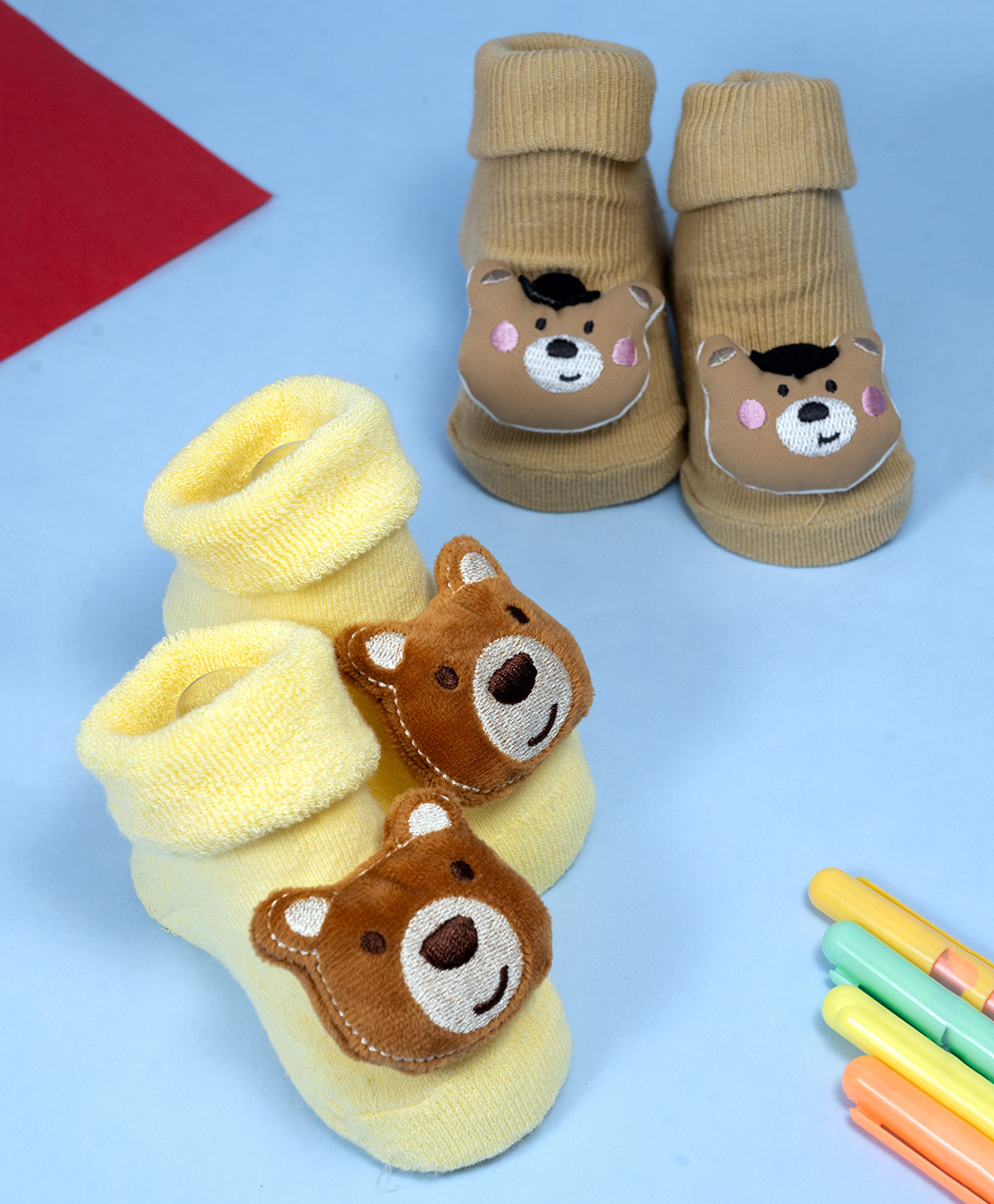 Yellow Bee Cotton Knit Set Of 2 Baby Bears Applique Detailed Socks - Multi Colour-image-8