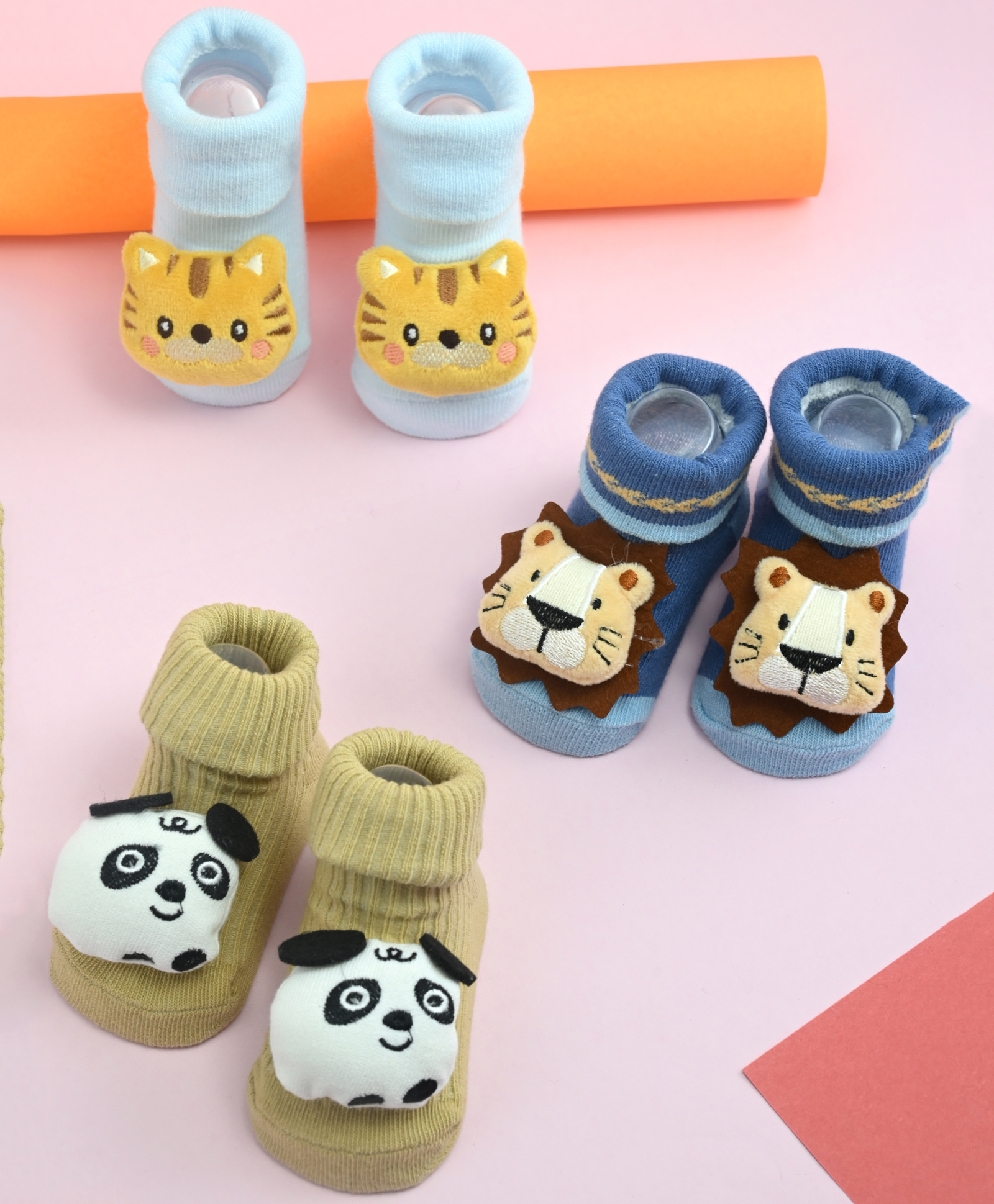 Yellow Bee Cotton Knit Pair of 3 Animal Applique Detailed Socks - Multi Colour-picture-25