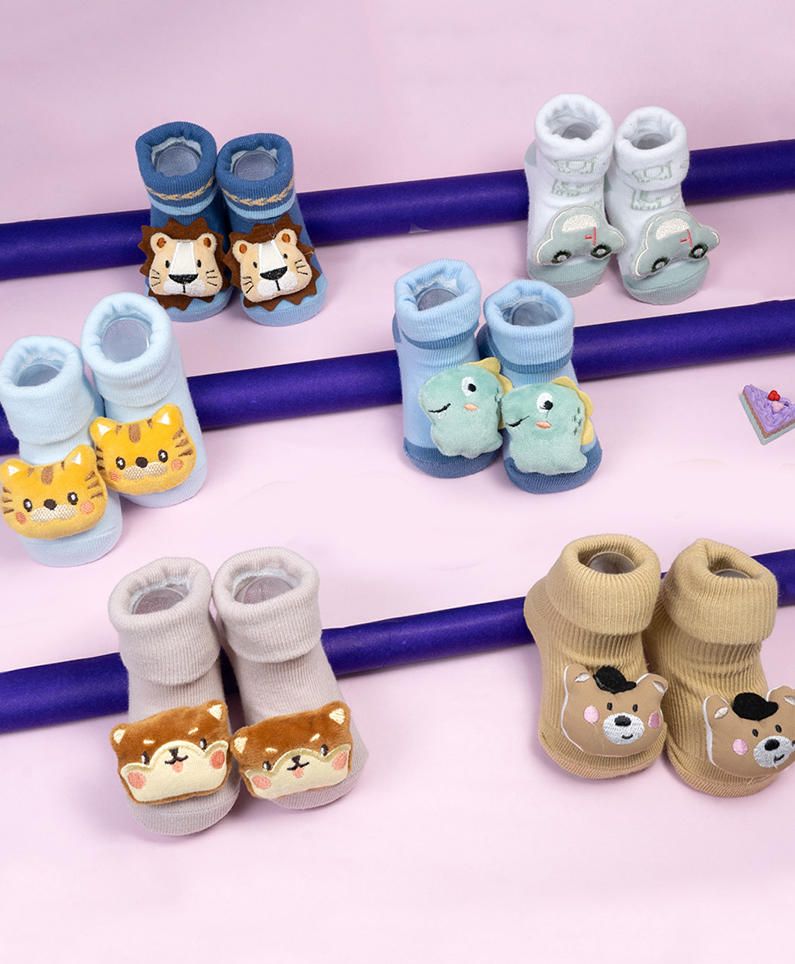 Yellow Bee Cotton Knit Pack Of 6 Animal 3D Applique Detailed Socks - Multi Colour-image-18