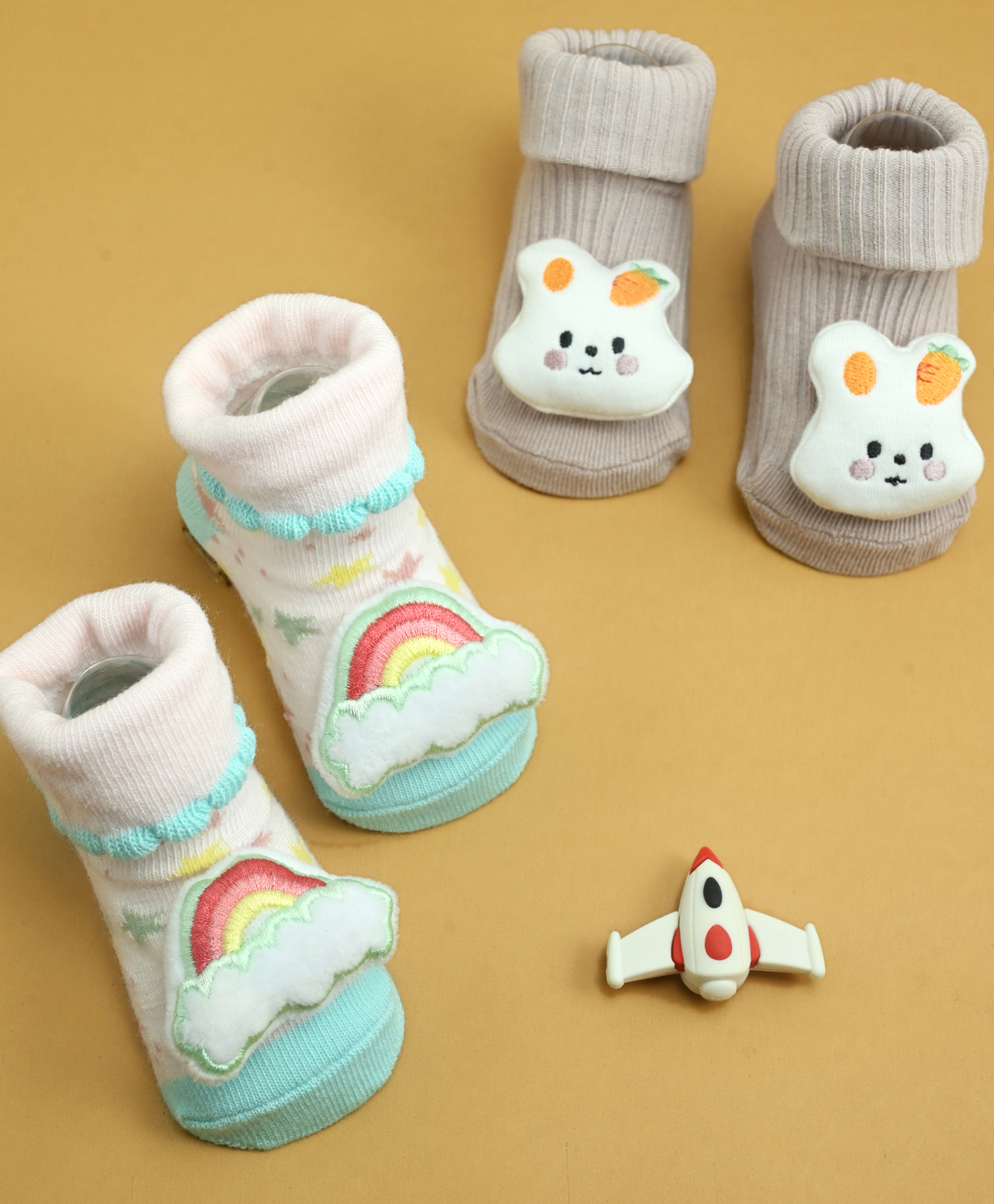 Yellow Bee Cotton Knit Pack Of 2 Rainbow & Animal 3D Applique Detailed Socks - Multi Colour-image-21