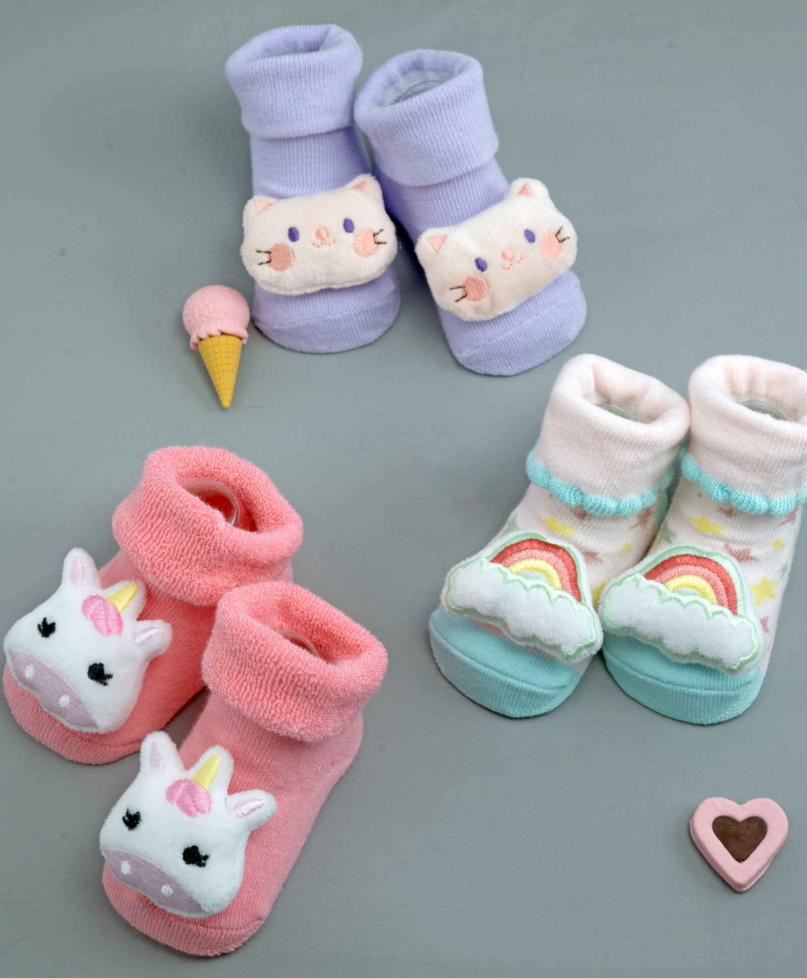 Yellow Bee Cotton Pack Of 3 Unicorn & Cat 3D Applique Detailed Socks - Multi Colour-picture-34