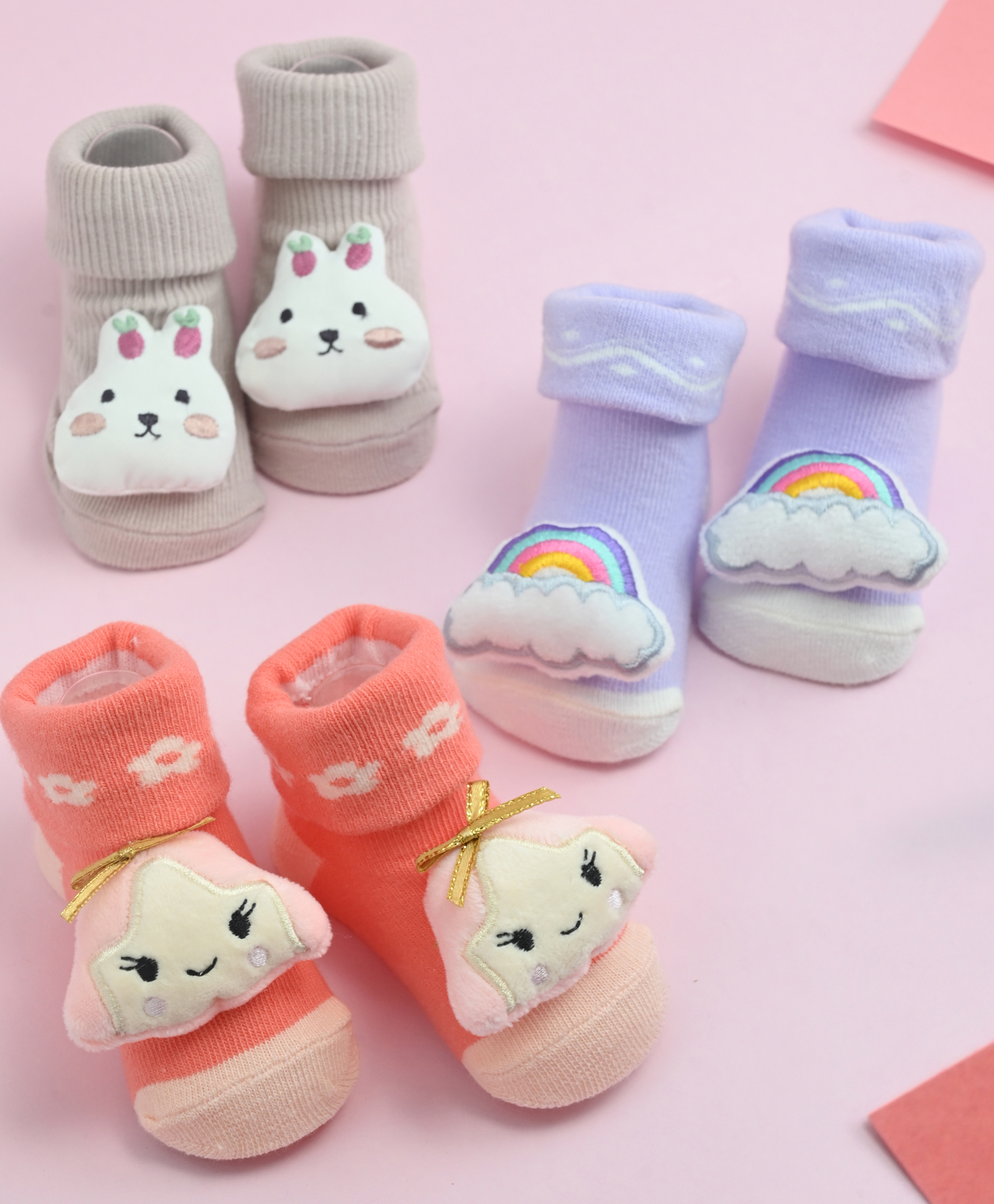 Yellow Bee Cotton Pack Of 3 Rainbow & Bunny 3D Applique Detailed Socks - Multi Colour-picture-7