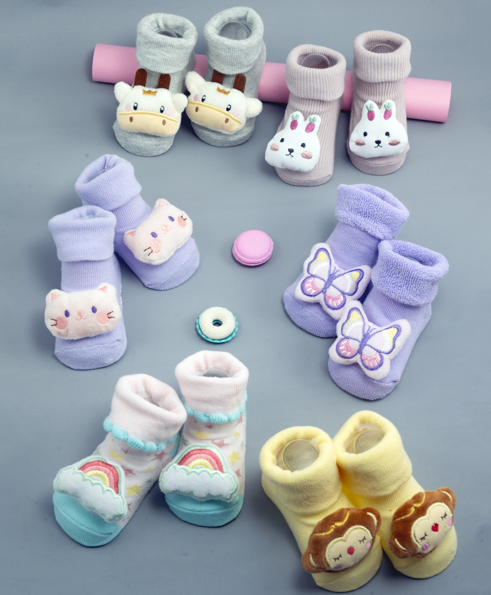 Yellow Bee Cotton Pack Of 6 Animals & Rainbow 3D Applique Detailed Socks - Multi Colour-image-31