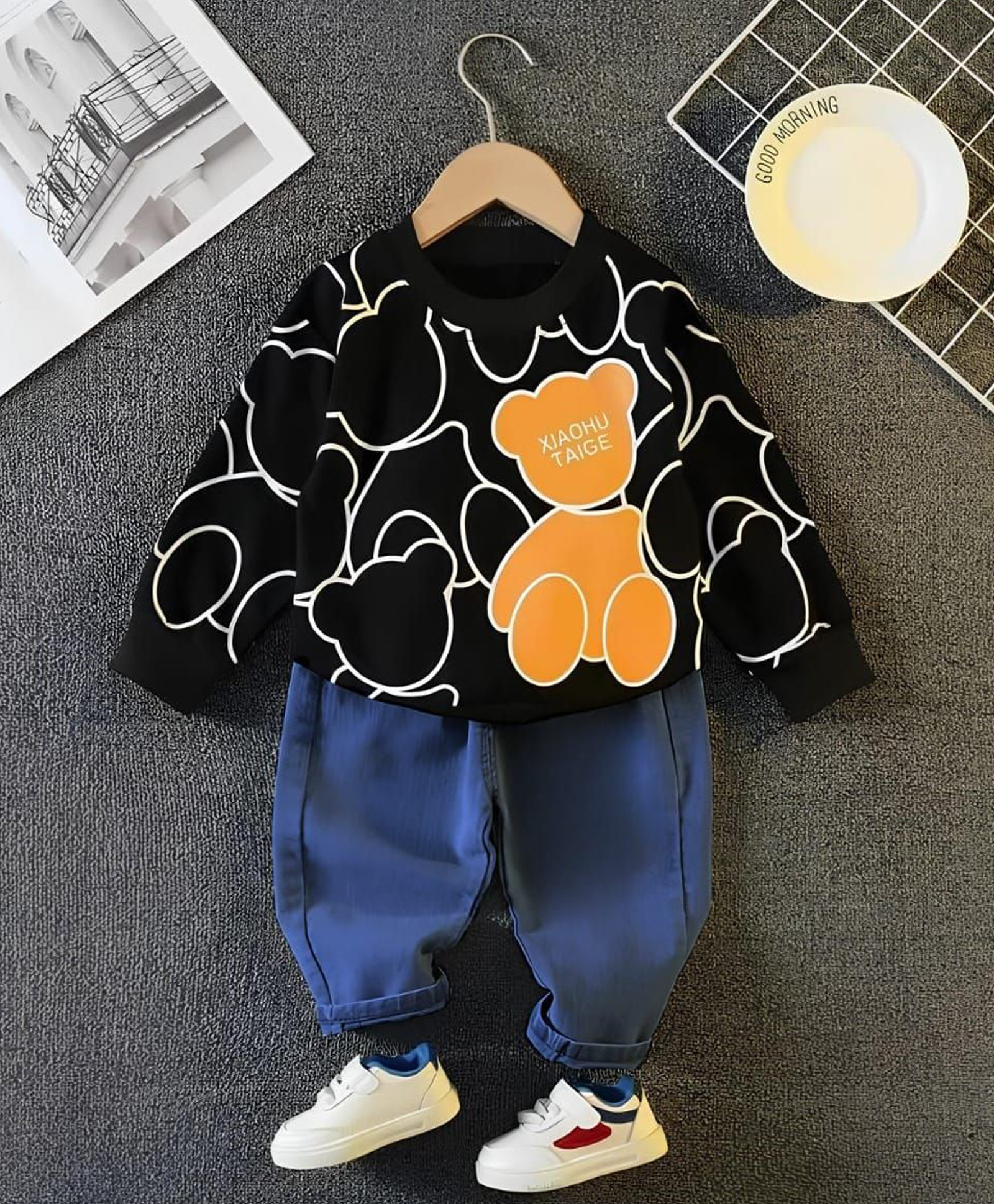 Googo Gaaga Cotton Knit Full Sleeves Teddy Printed Light Winter Sweatshirt With Jeans Set- Black