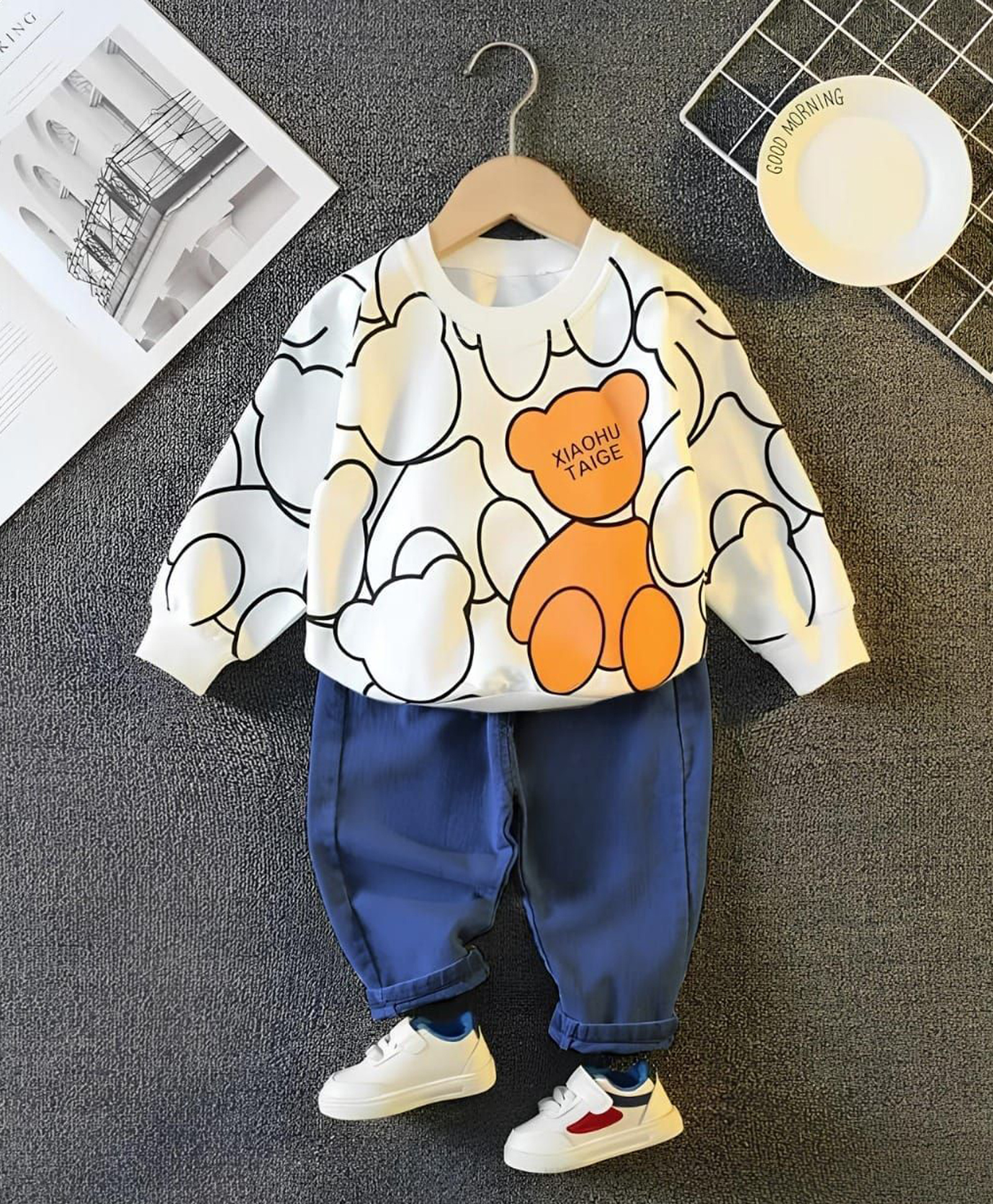 Googo Gaaga Cotton Knit Full Sleeves Teddy Printed Light Winter Sweatshirt With Jeans Set - White-picture-10
