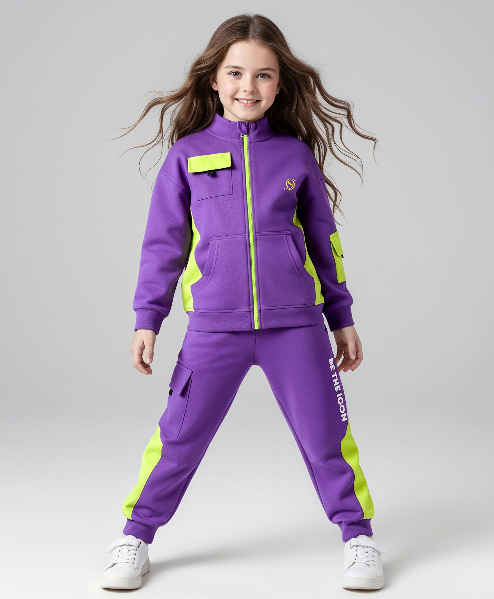 OLLINGTON ST. 100% Cotton Full Sleeves Zipper Jacket & Joggers - Purple & Limegreen-image-45