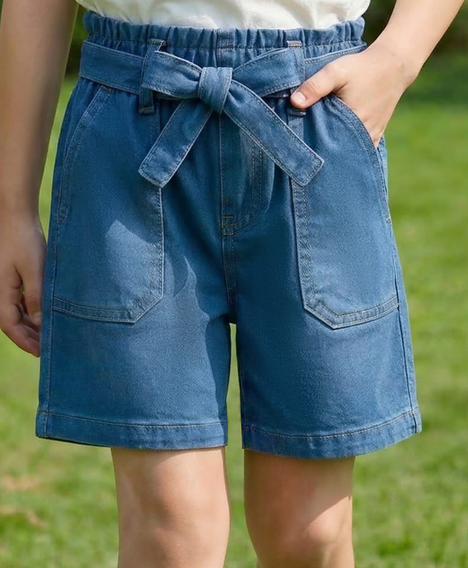 Pine Kids Woven Above Knee Length Shorts with Fabric Belt & Bow Detailing - Navy Blue-image-3