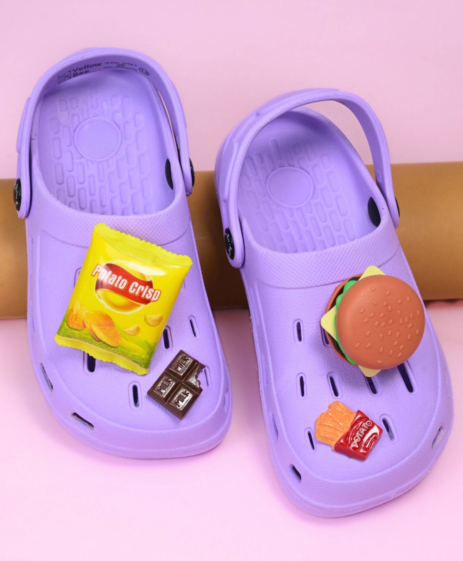 Yellow Bee Solid Perforated Slingback Clogs With Fast Food Charms - Purple-image-35
