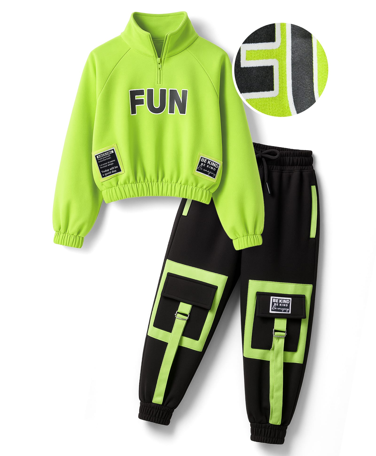 OLLINGTON ST. 100% Cotton Full Sleeves Sweatshirt & Joggers Set - Lime Green & Black-image-45