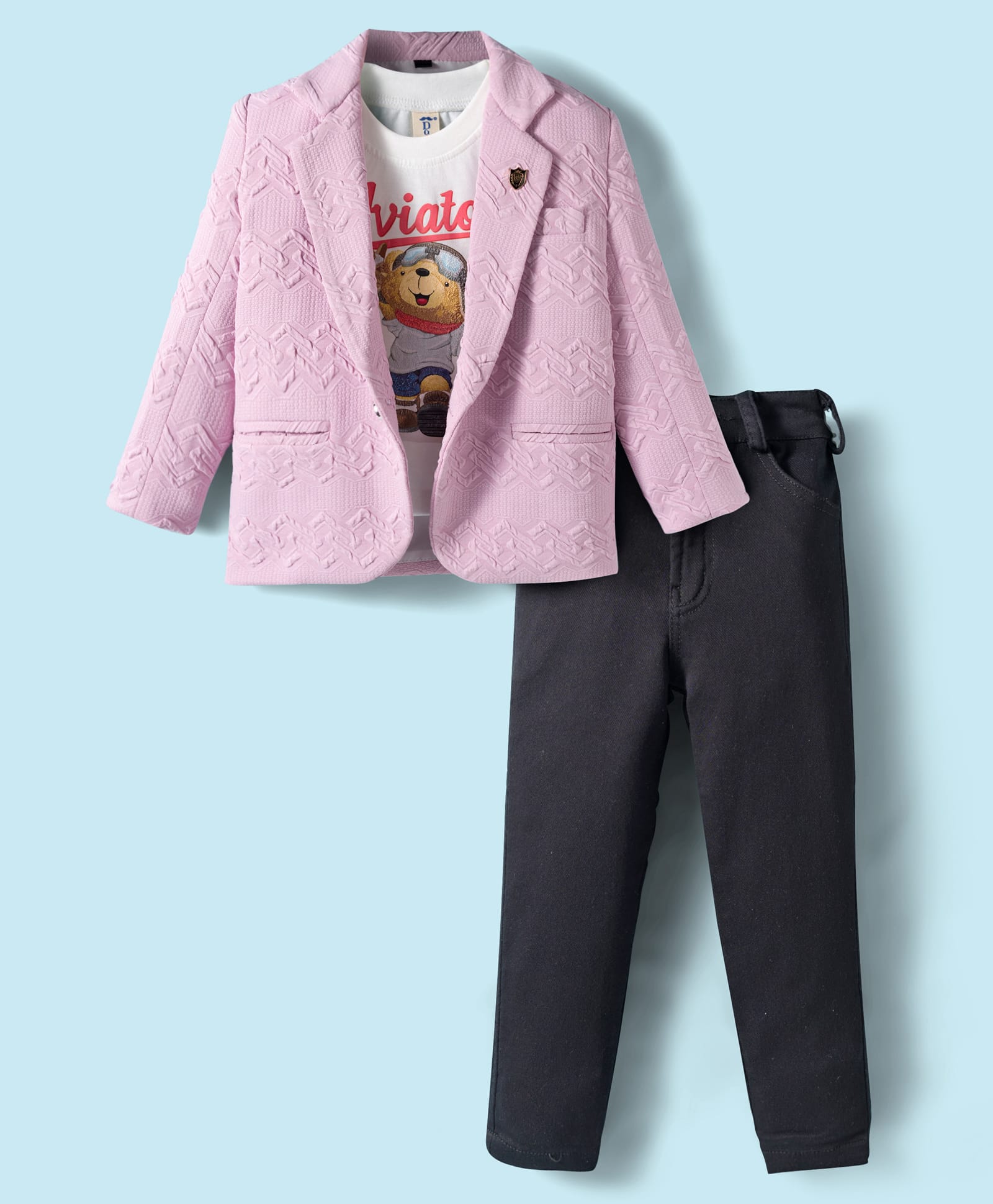 Dapper Dudes Full Sleeves Textured Blazer With Teddy Bear Puff Printed Tee & Pant Set - Pink-image-23