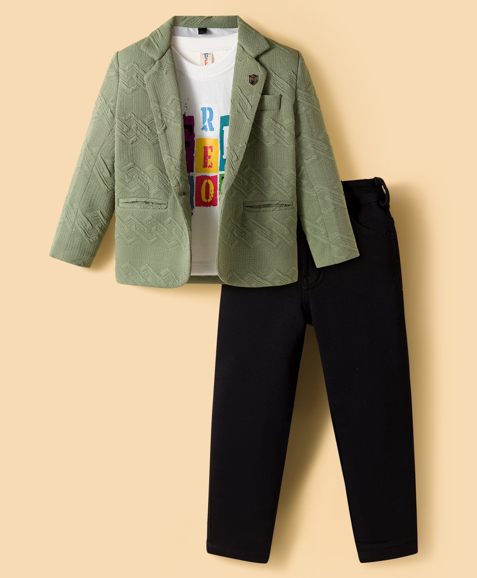 Dapper Dudes Full Sleeves Textured Blazer With Teddy Bear Puff Printed Tee & Pant Set - Green-image-23