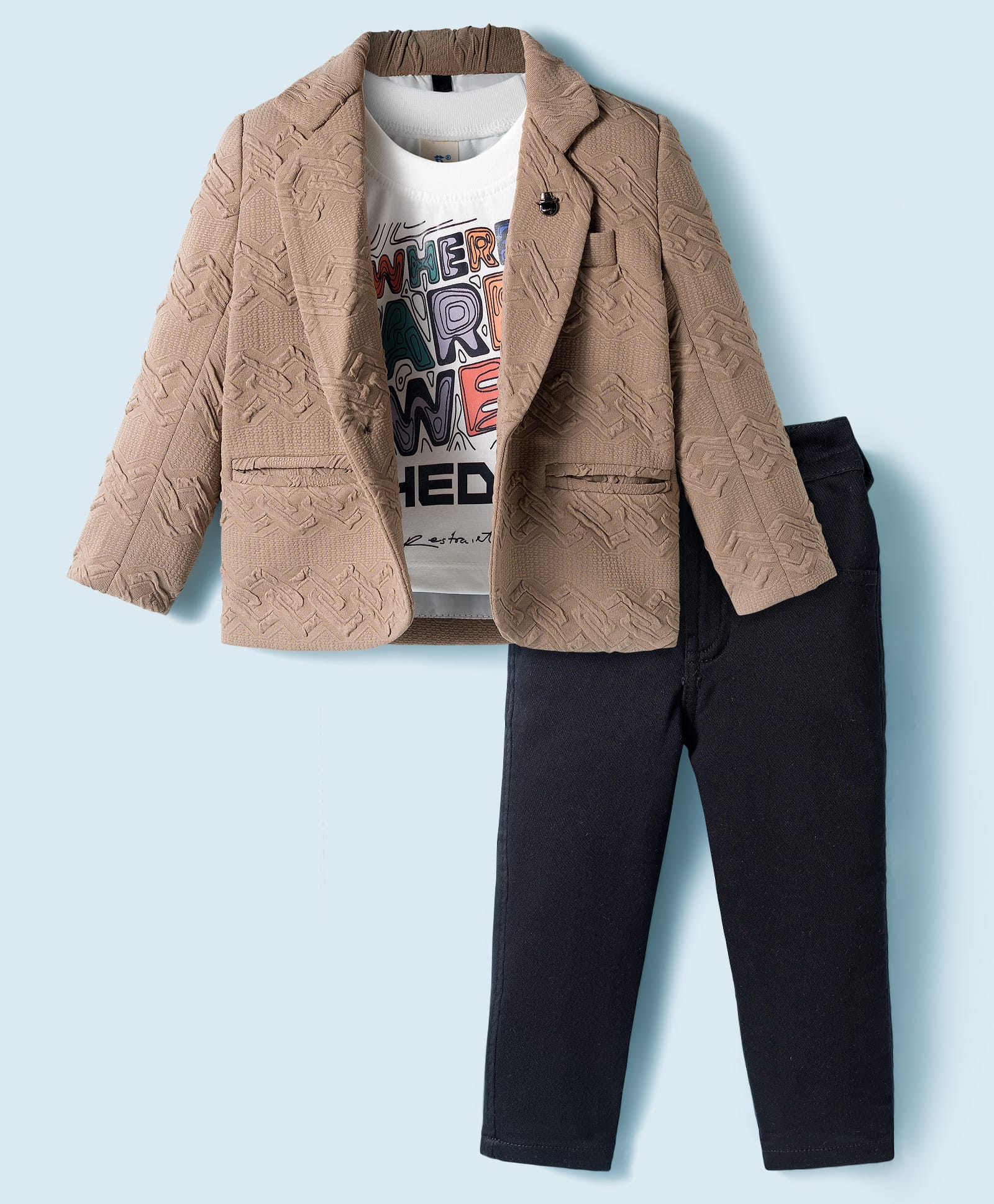 Dapper Dudes Full Sleeves Textured Blazer With Typography Printed Tee & Pant Set - Khaki-image-31