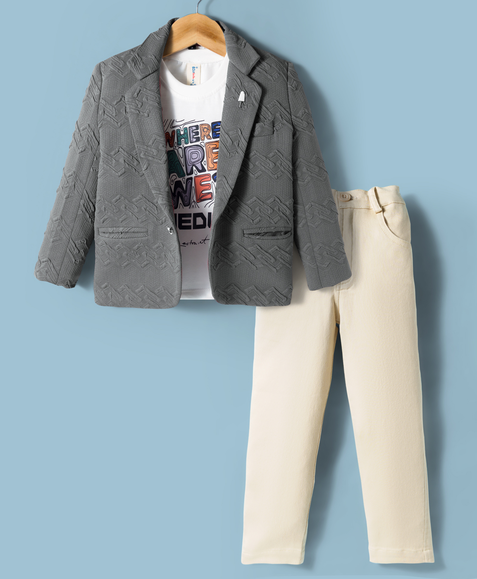 Dapper Dudes Full Sleeves Textured Blazer With Typography Printed Tee & Pant Set - Grey-picture-20