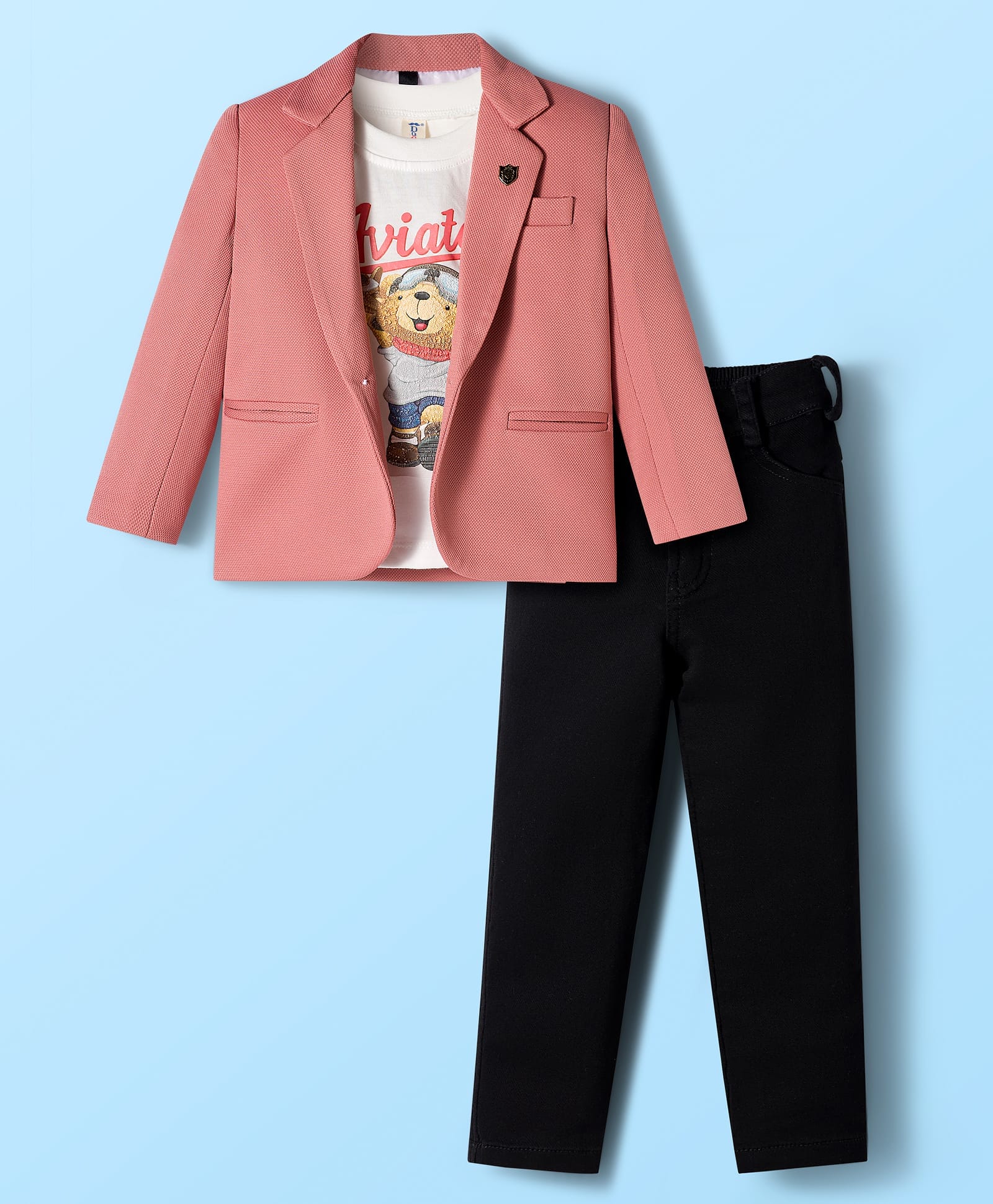 Dapper Dudes Full Sleeves Textured Blazer With Typography Printed Tee & Pant Set - Peach-image-11