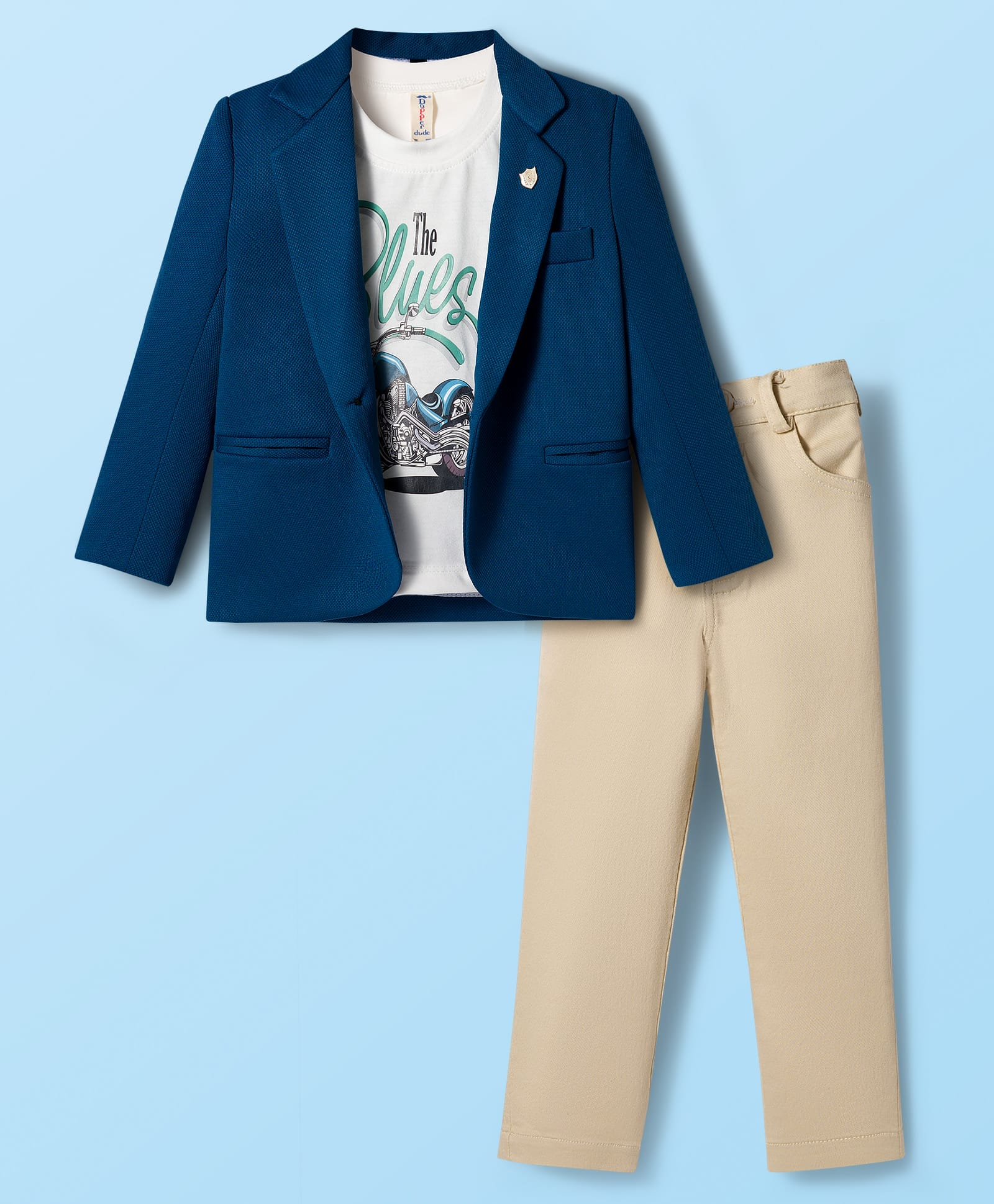 Dapper Dudes Full Sleeves Textured Blazer With Typography Printed Tee & Pant Set - Peacock Blue-image-35