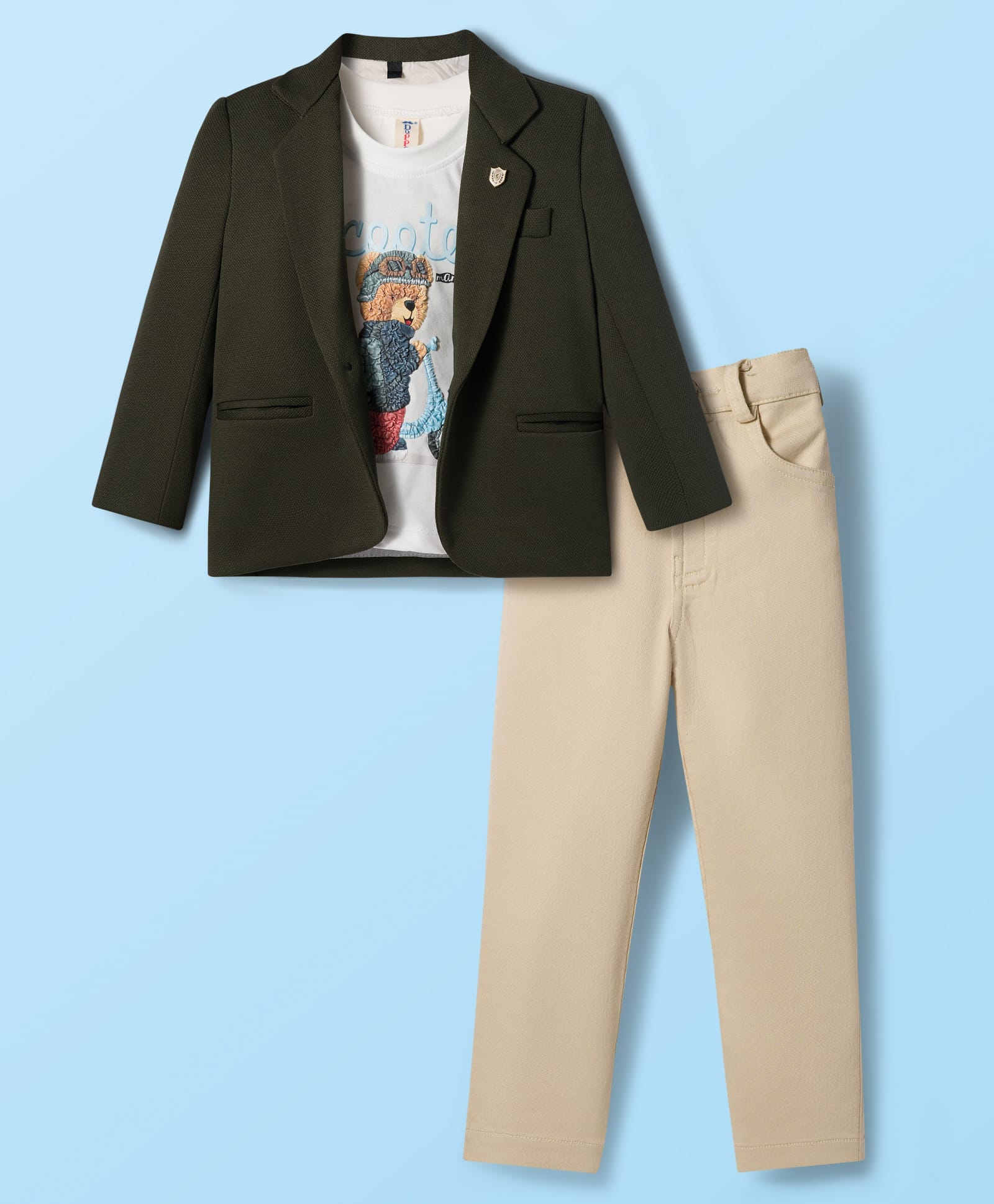 Dapper Dudes Full Sleeves Textured Blazer With Typography Printed Tee & Pant Set - Olive Green-image-22