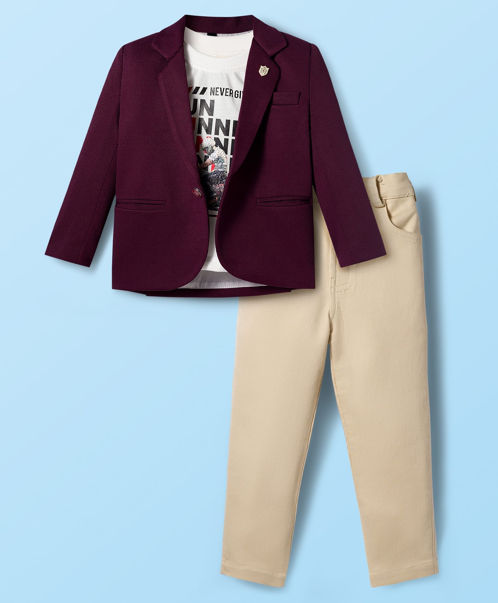 Dapper Dudes Full Sleeves Textured Blazer With Typography Printed Tee & Pant Set - Wine-image-39